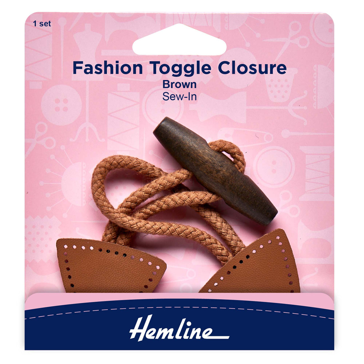 Hemline brown sew-in toggle closure with wooden button, cotton cord, and faux leather tabs.