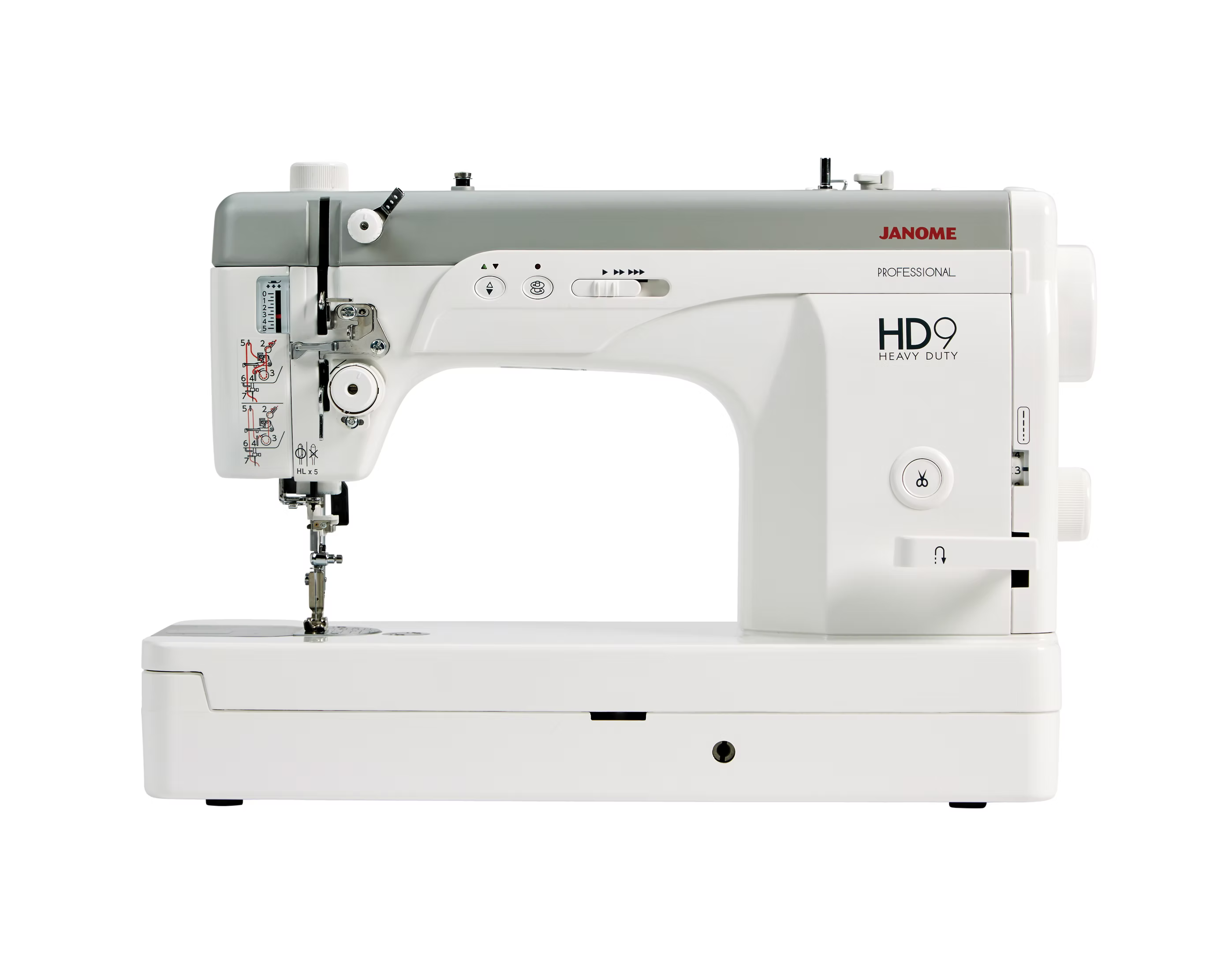 Janome HD9 Professional Heavy Duty sewing machine with controls and needle.