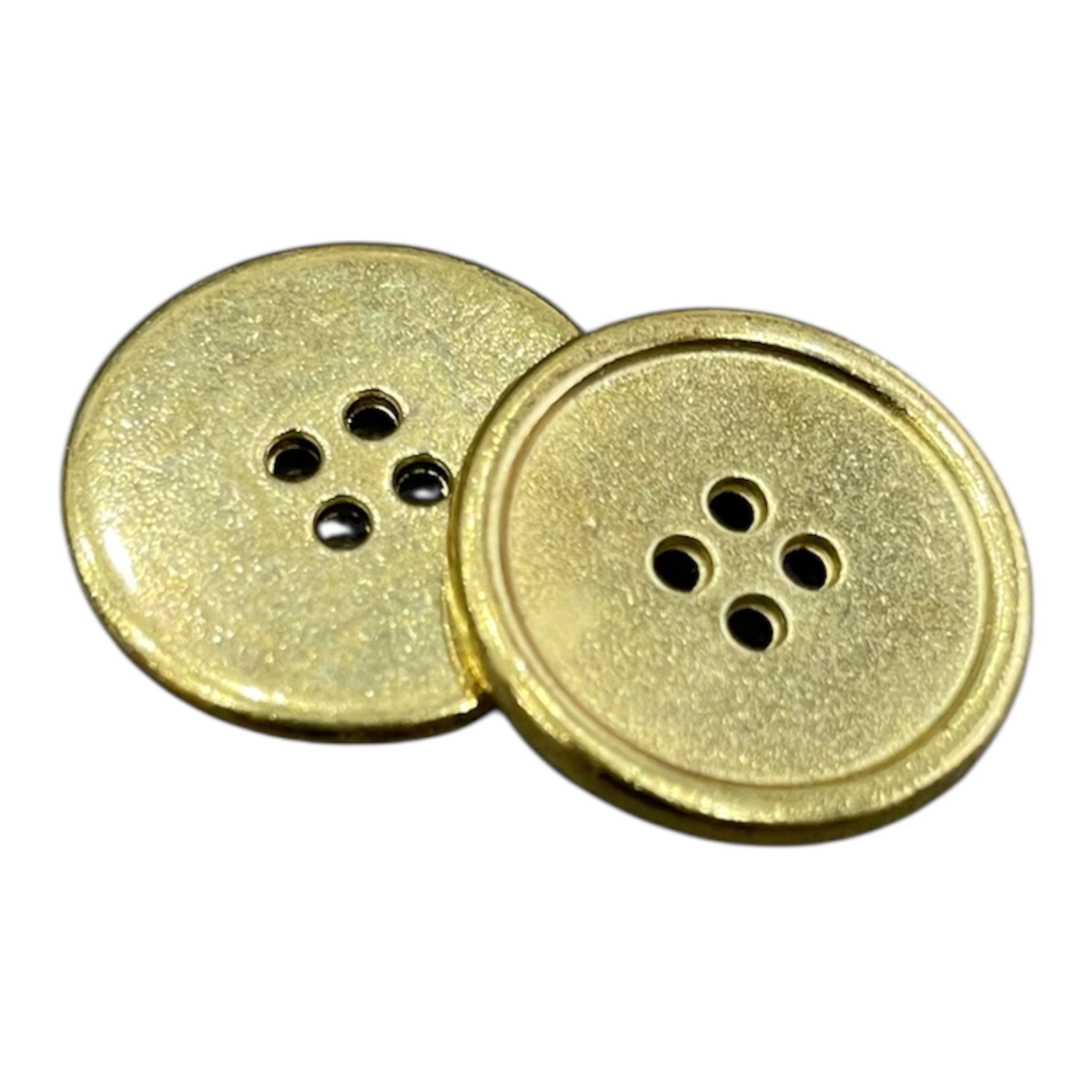 Galedi gold metal buttons with a shiny finish and four holes.