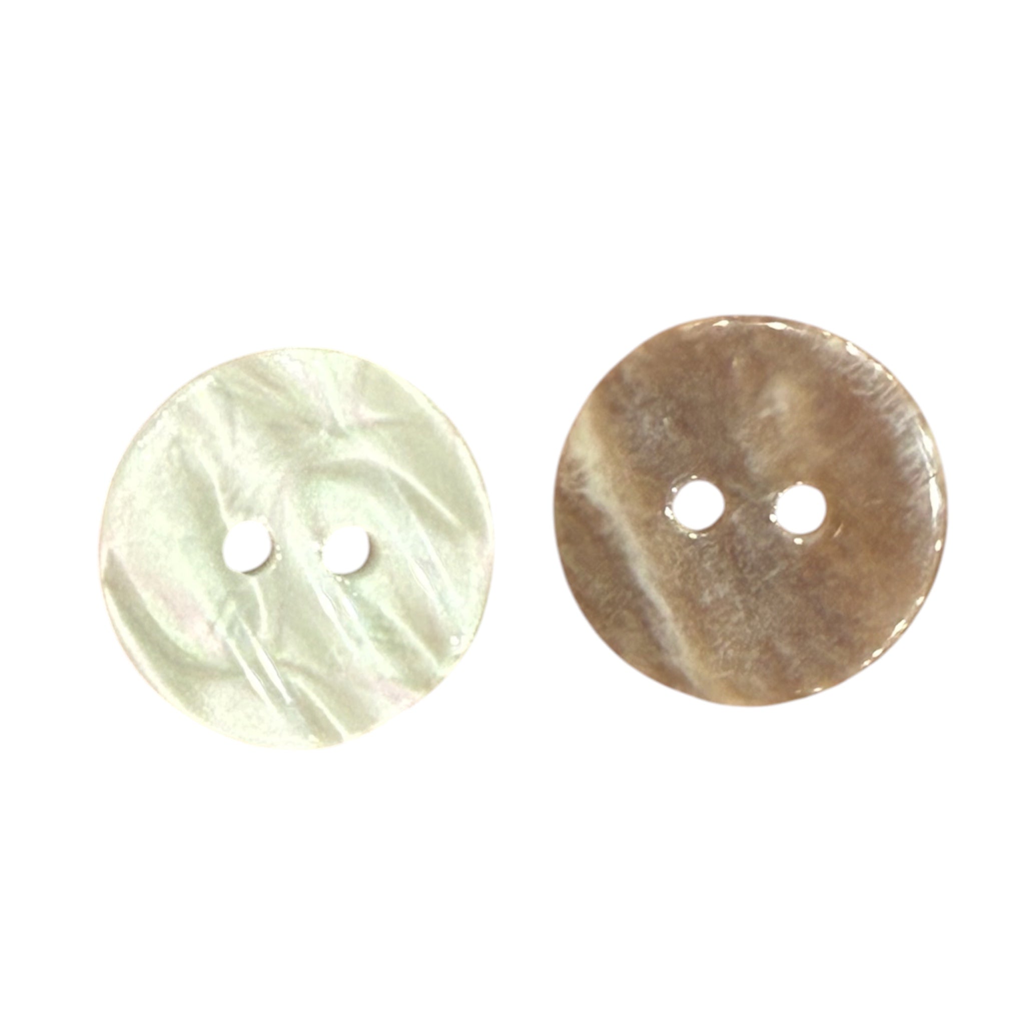Two 18mm cream and brown textured resin buttons with a 2-hole design on a white background.