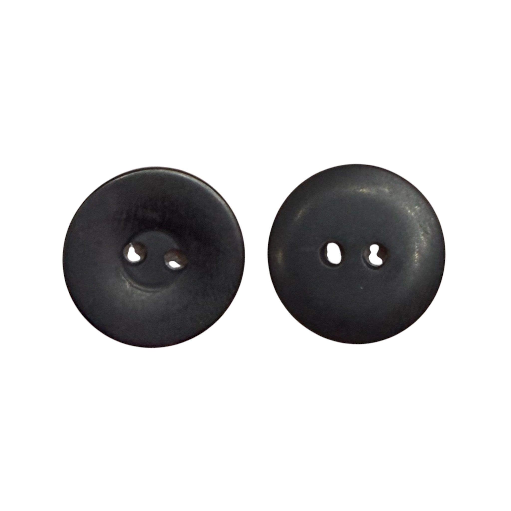 Two 15mm black resin 2-hole buttons with a matte finish and flat back construction.