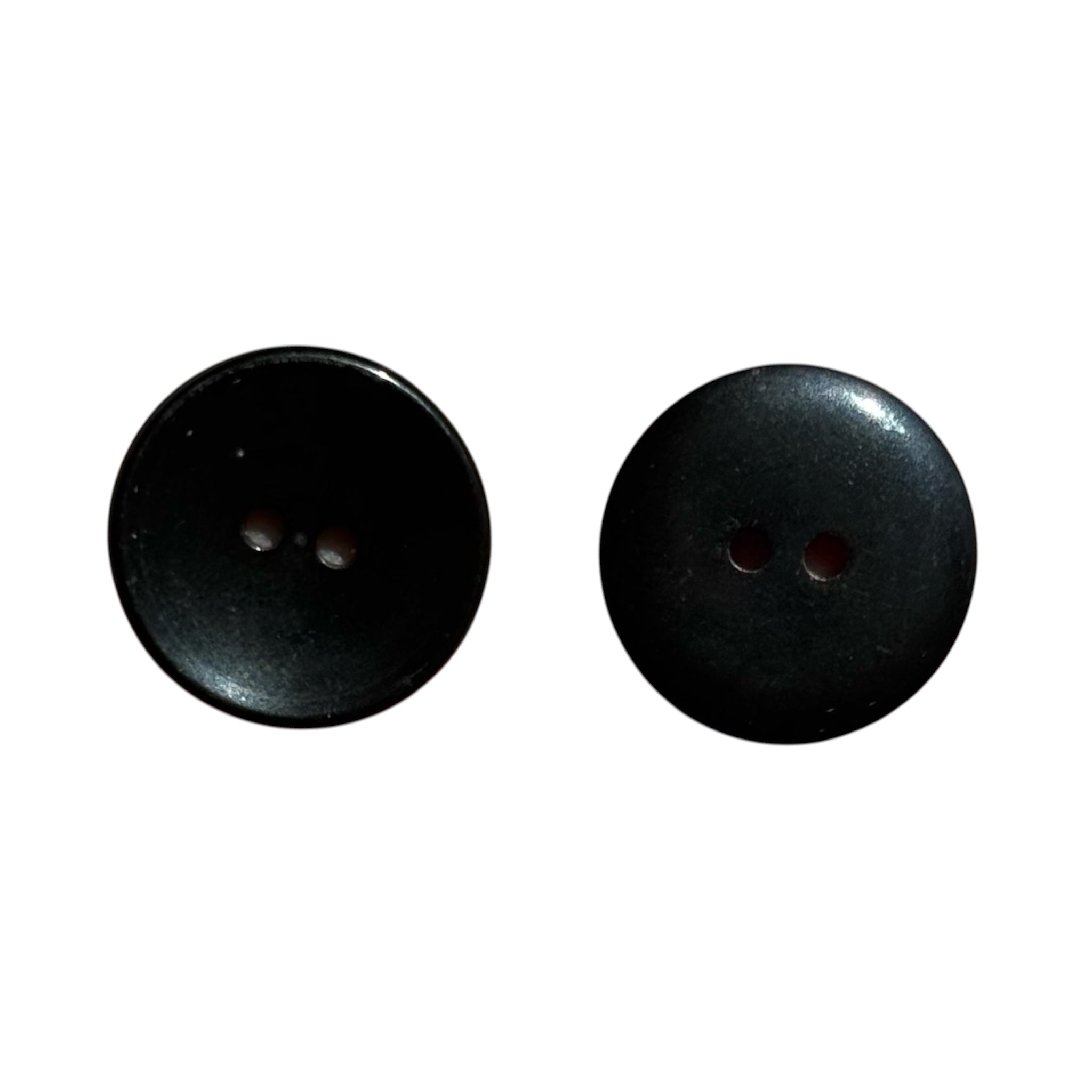 Two 20mm black resin 2-hole buttons with a matte flat finish for sewing.
