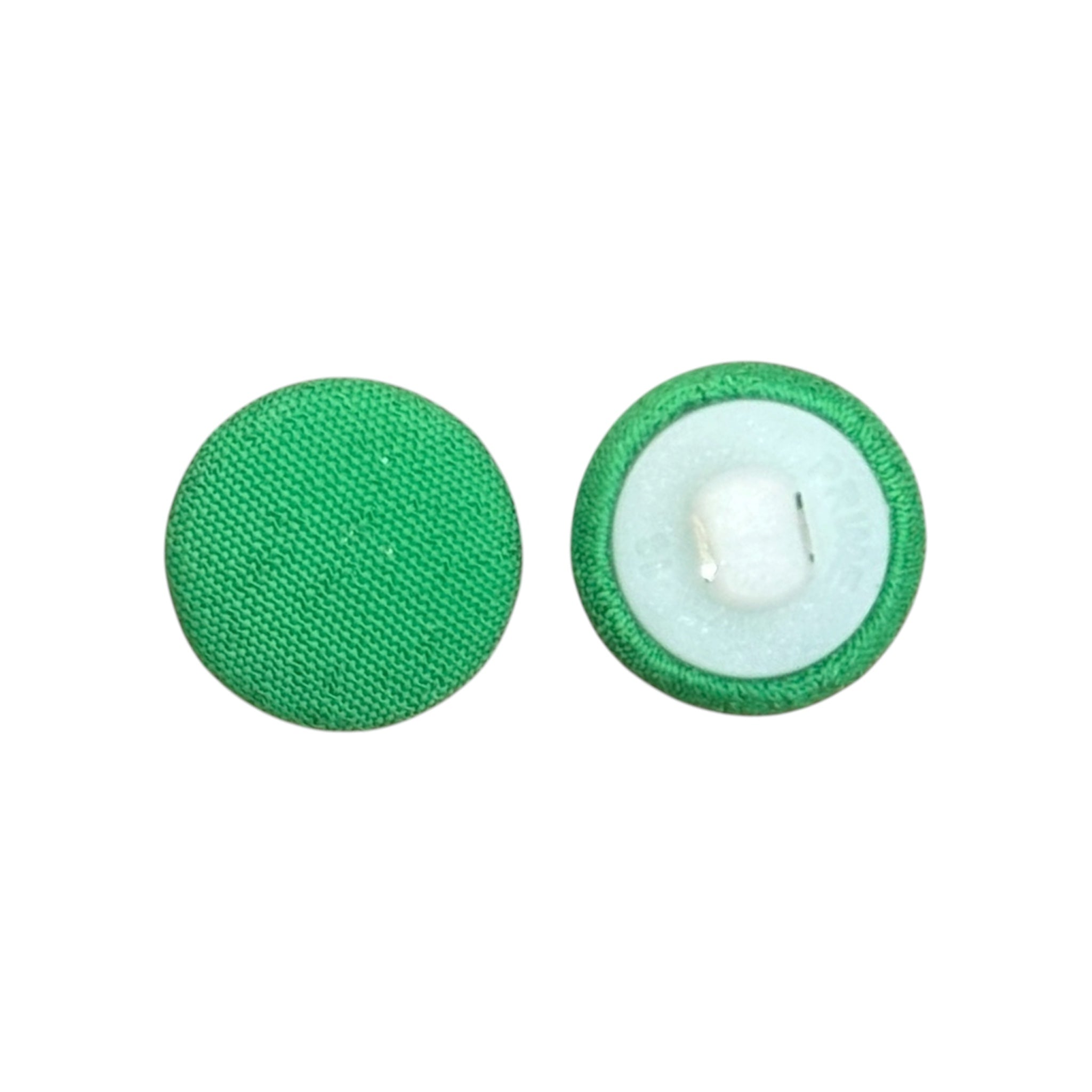 Front and back view of two 12mm green fabric covered buttons with a white shank base.