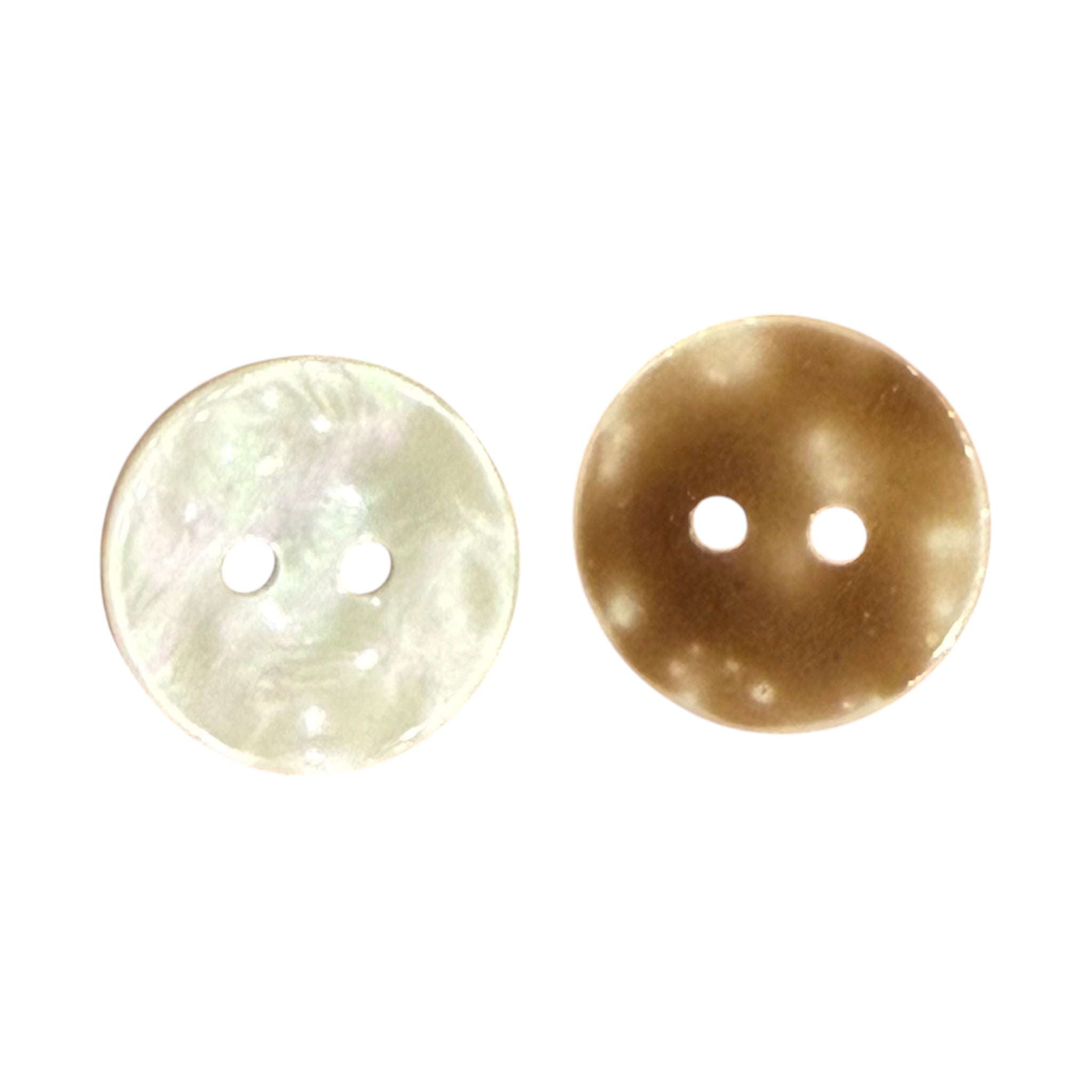 Two 17mm 2-hole resin sewing buttons in beige and brown printed patterns with a flat back.
