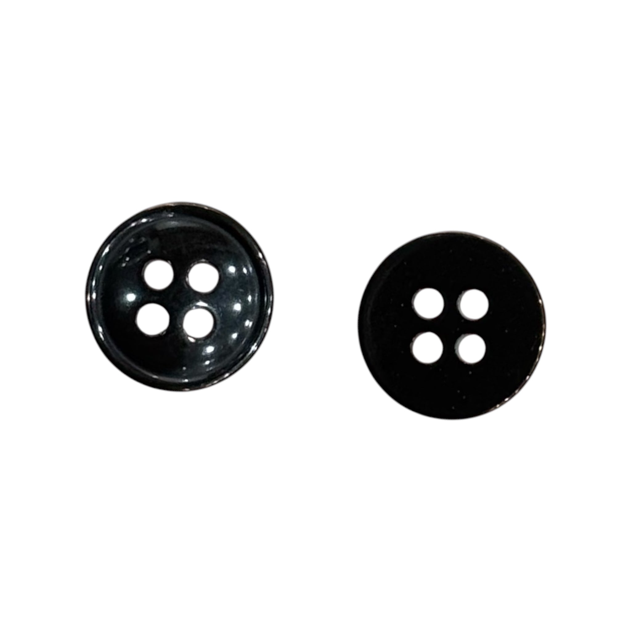 Two 12mm black resin round border 4-hole sewing buttons showing front and back views.