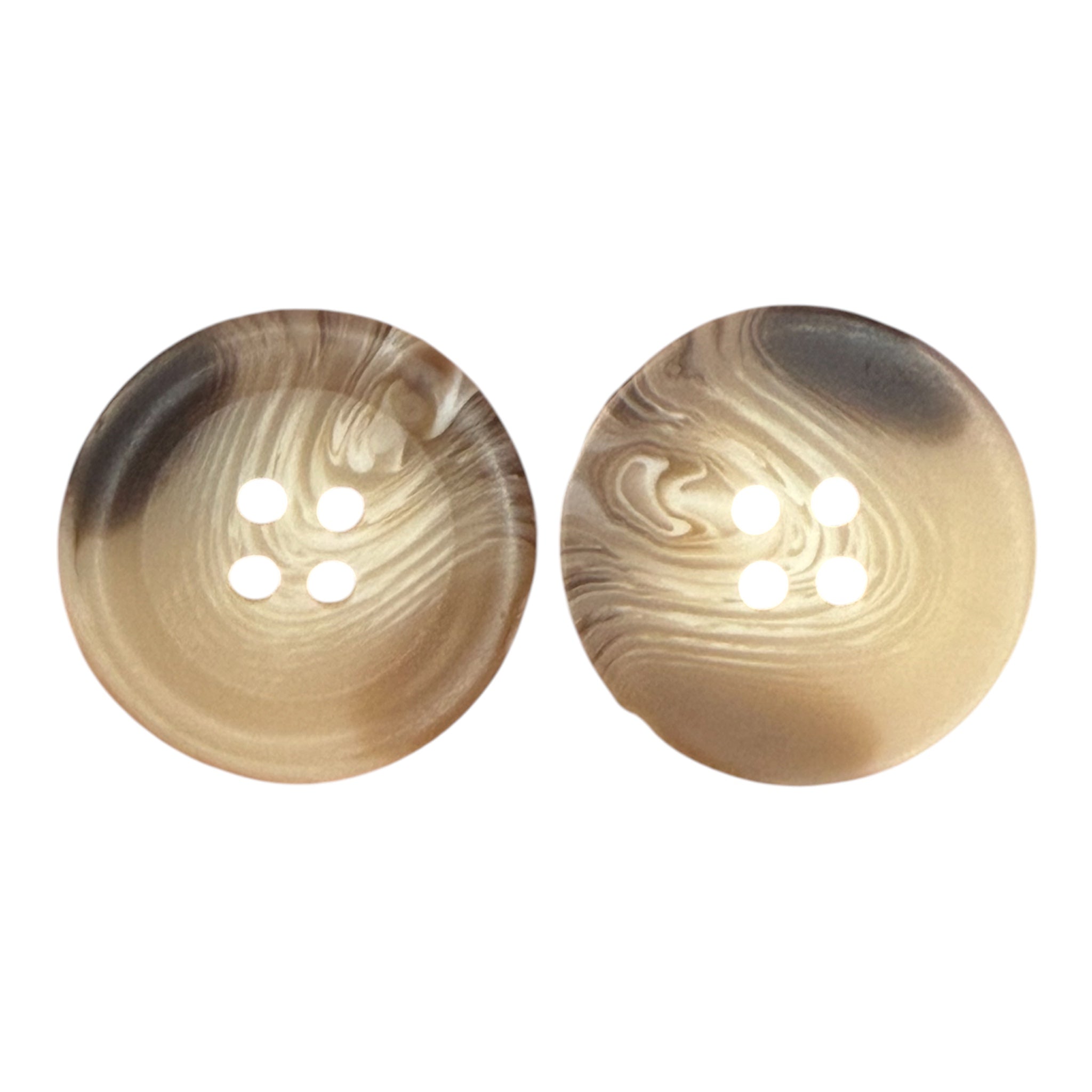 Two 26mm beige and brown marbled 4-hole sewing buttons with a smooth, flat profile.