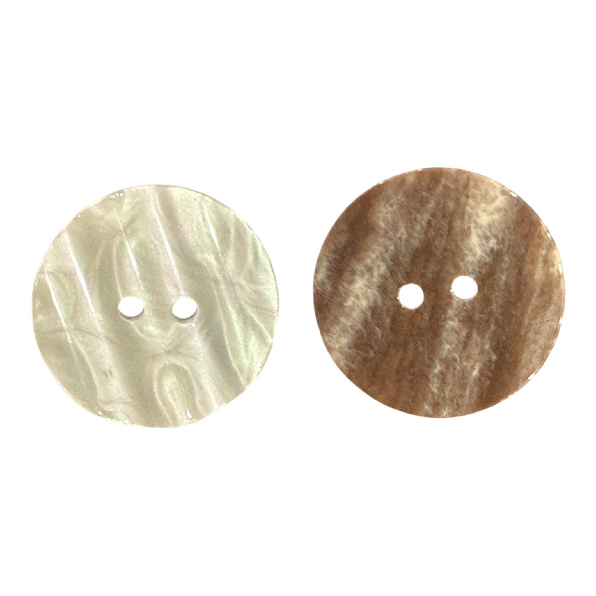 Two 25mm beige resin buttons with a wavy surface and 2-hole design, one light and one dark.