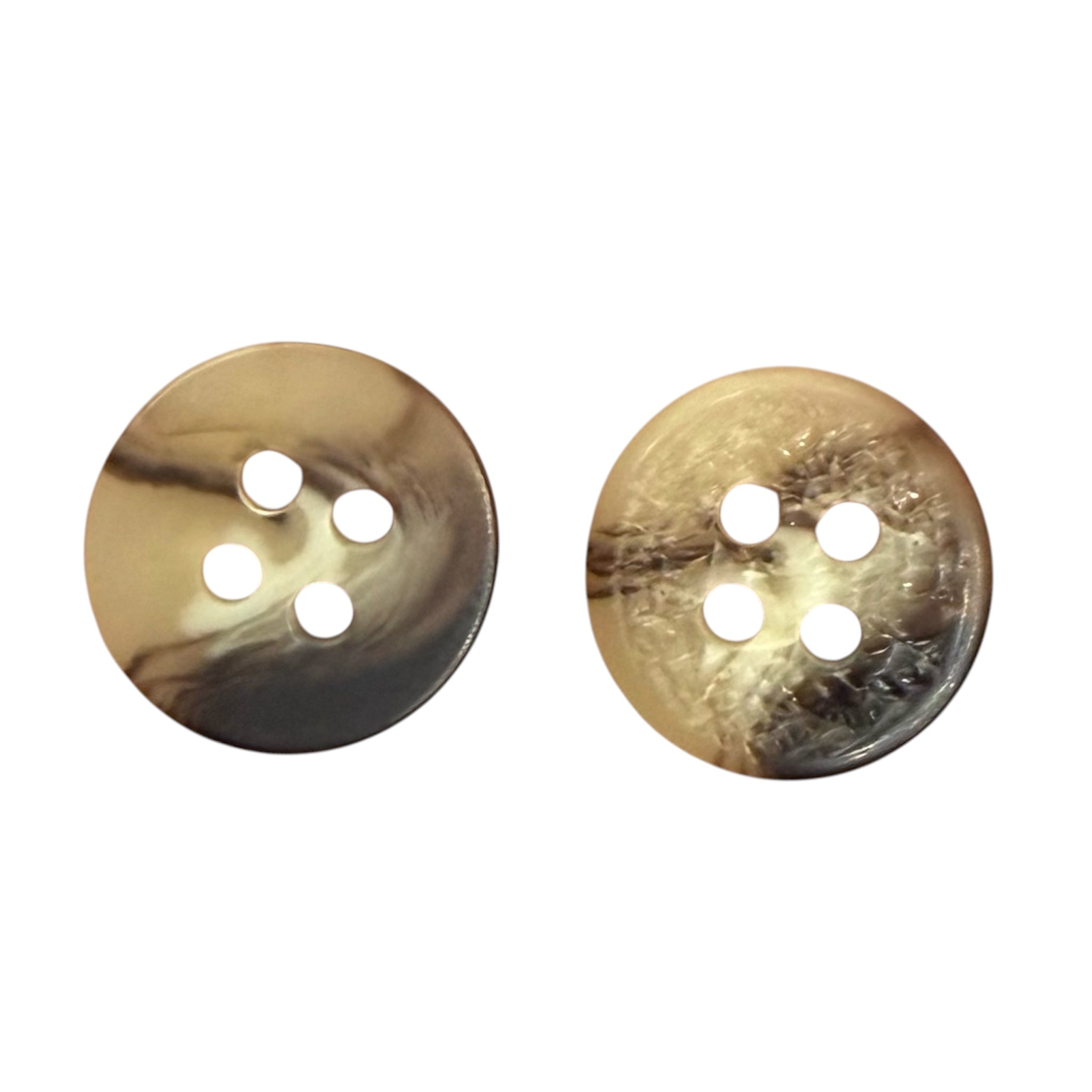 Two 16mm beige printed resin buttons with a 4-hole design and marbled pattern.