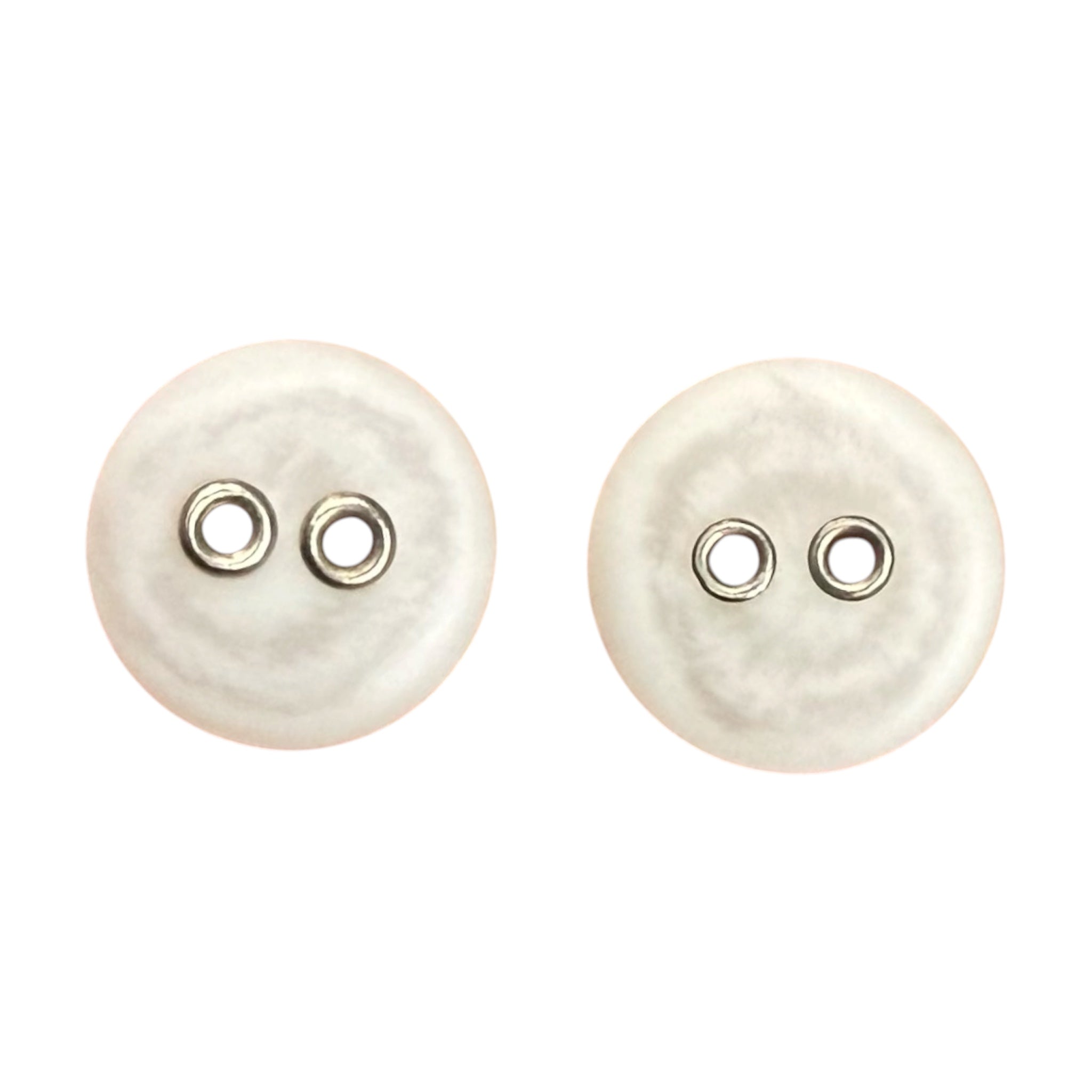 Two 16mm white resin sewing buttons with two silver-rimmed holes each.