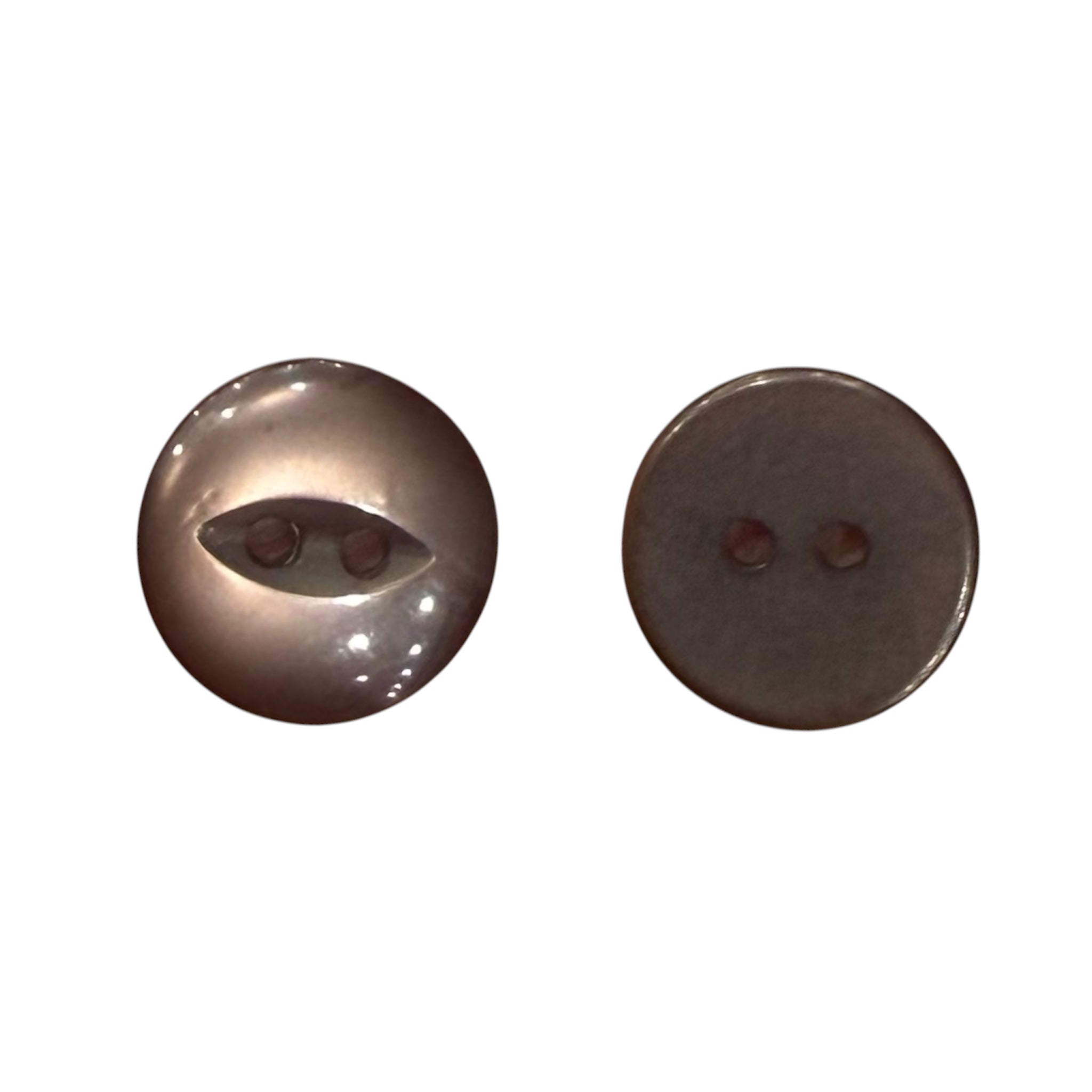 Front and back view of two 14mm brown resin 2-hole sewing buttons with a polished finish.