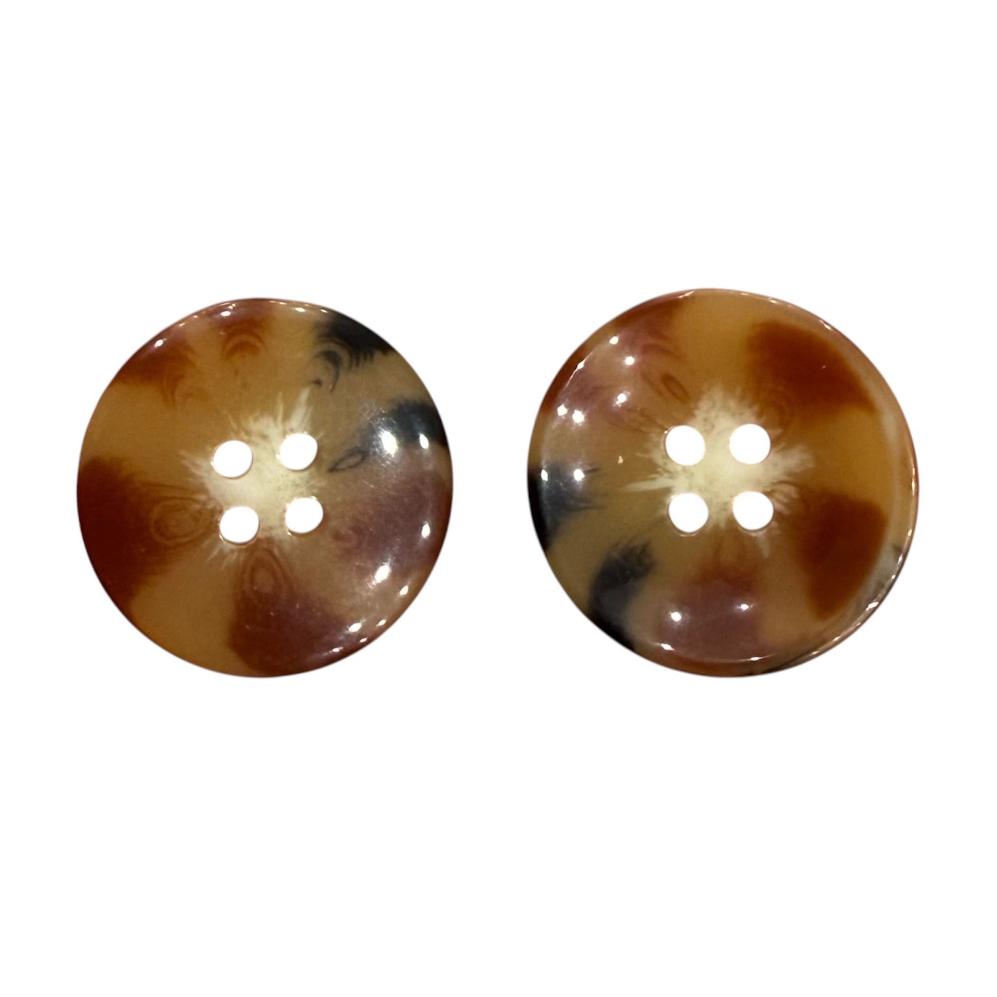 Two 21mm brown printed resin buttons with a 4-hole design and marbled pattern.