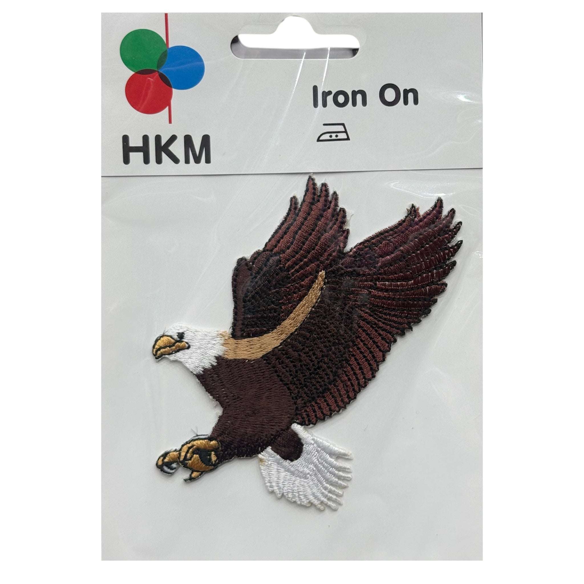 HKM Landing Bald Eagle iron-on embroidered patch, 9cm, on white retail packaging.