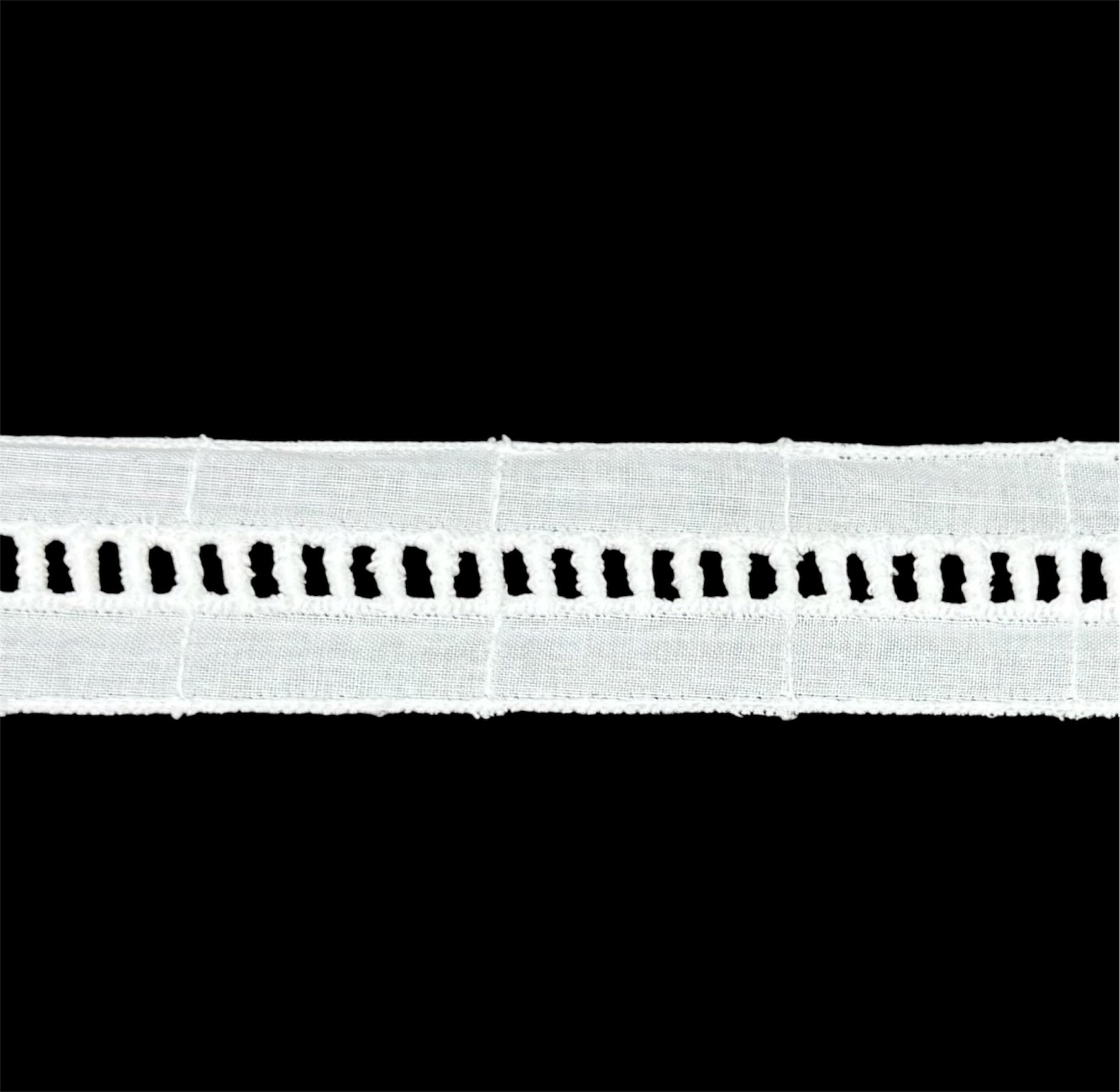 30mm white ladder trim lace with a central row of rectangular cutouts on a black background.