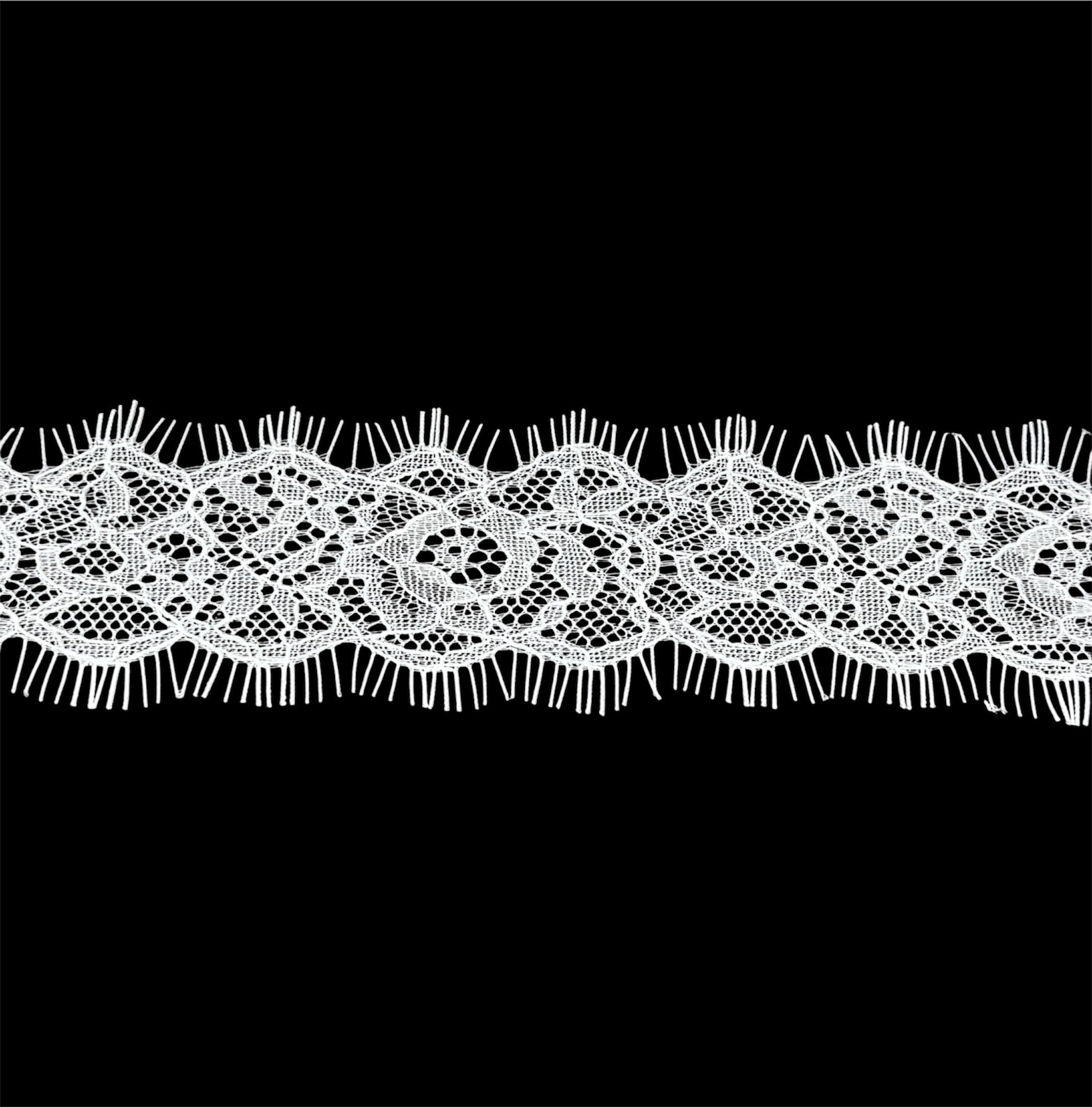 Intricate white netted lace trim with floral patterns and fringed edges against a black background.