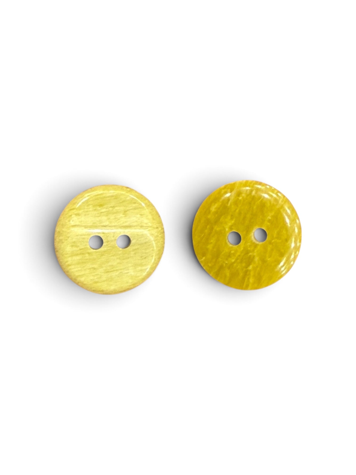 Two 15mm yellow resin buttons with a 2-hole circular design and a textured finish.