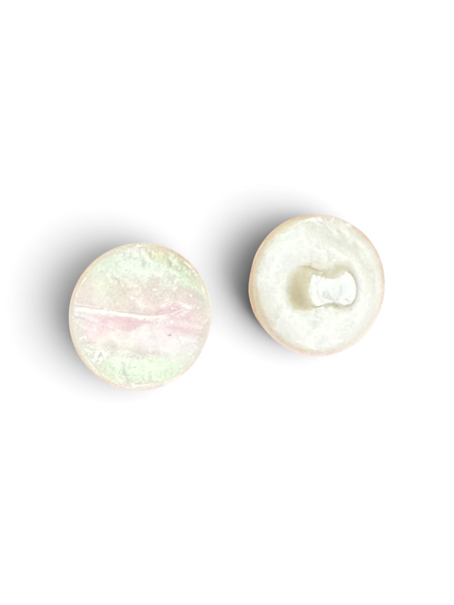 Two 14mm white resin round buttons with a glossy finish, showing front and back views.