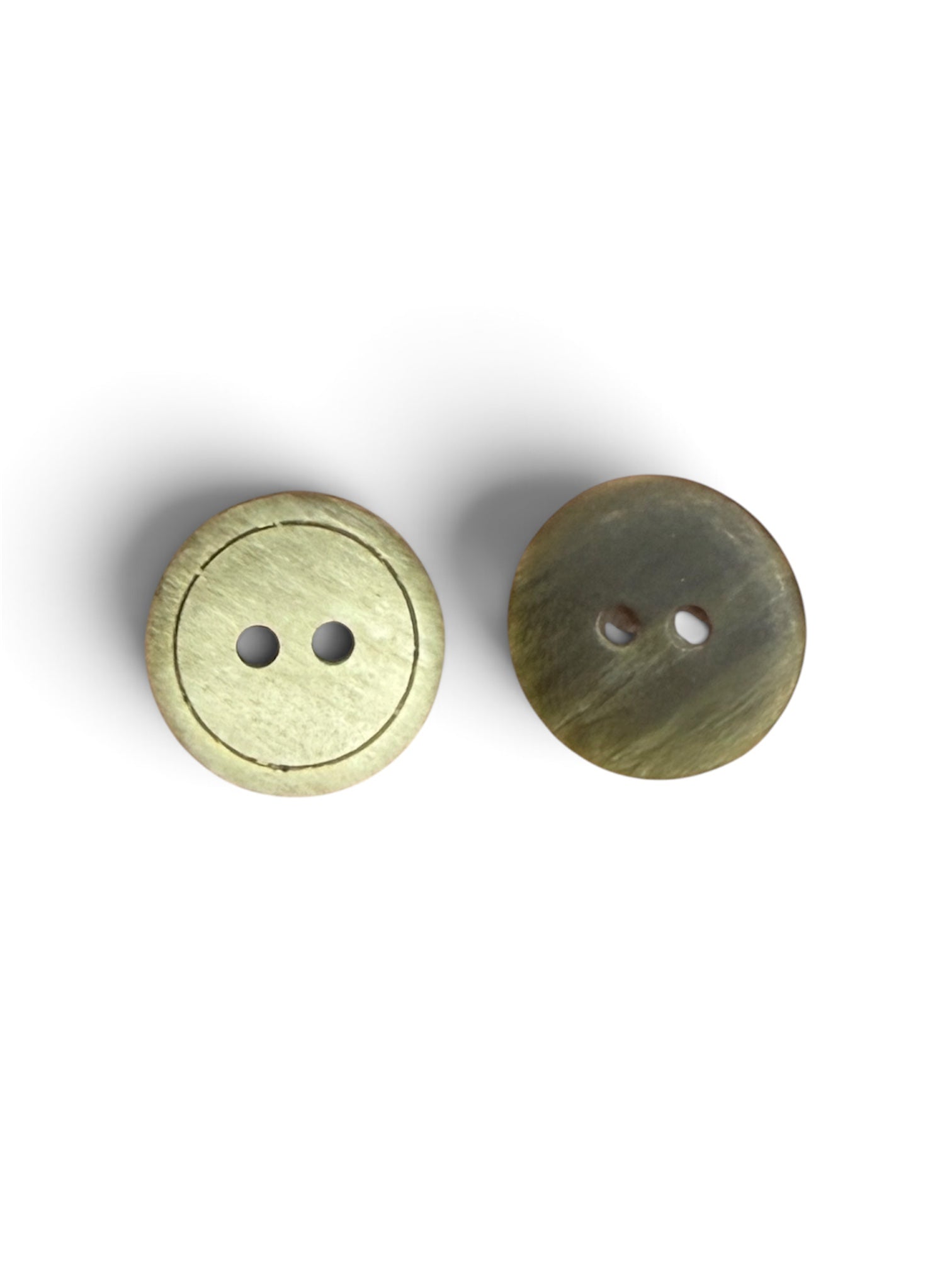 Two 15mm olive green 2-hole polyester resin buttons with a subtle white shade and wood-like grain.