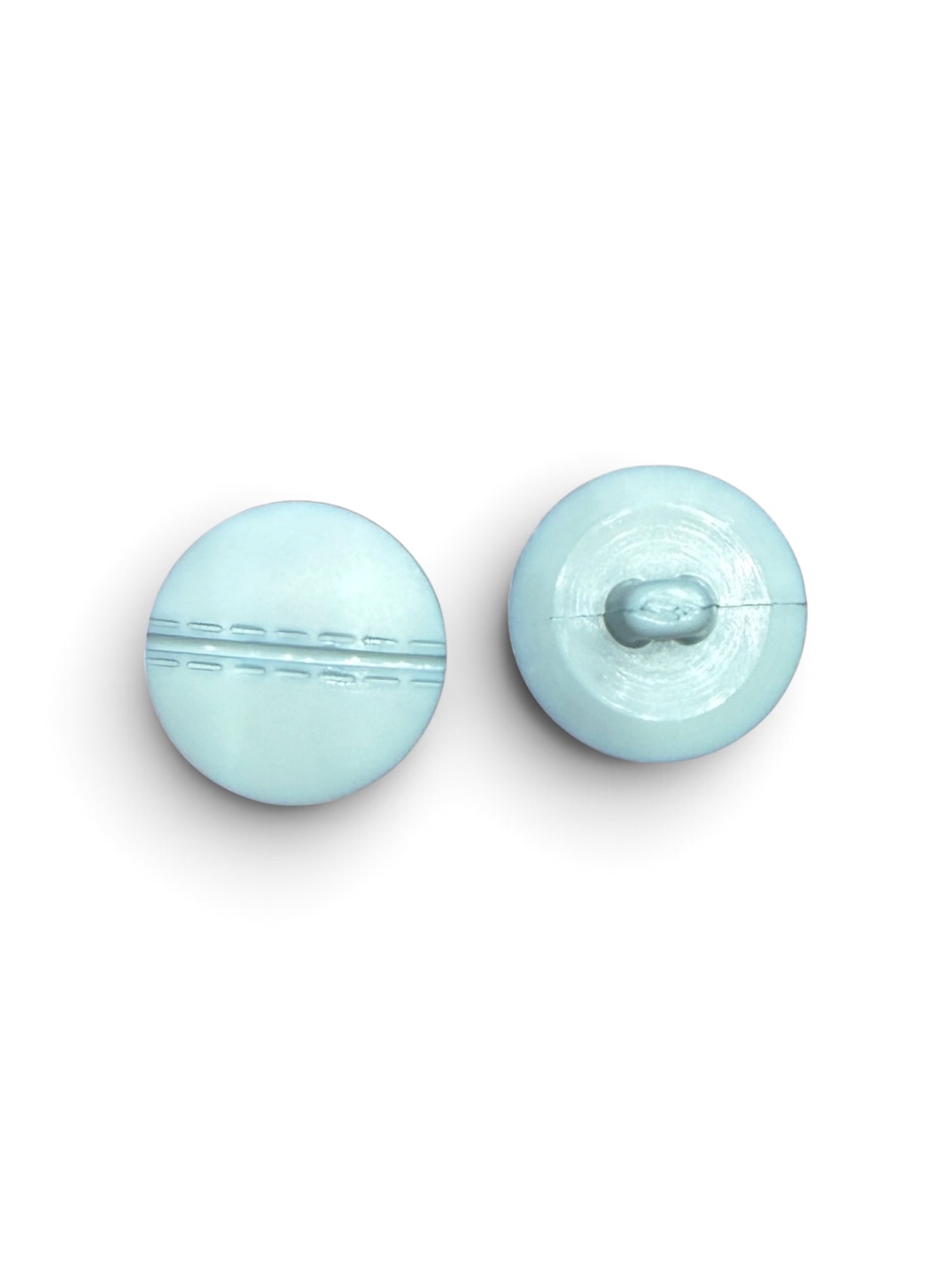 Front and back view of a 20mm round light blue resin button with a horizontal stitch detail.