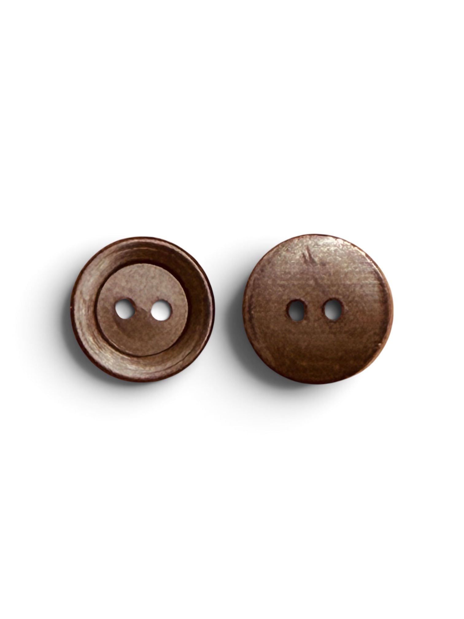 Two 14mm round dark brown 2-hole sewing buttons showing front and back views on a white background.