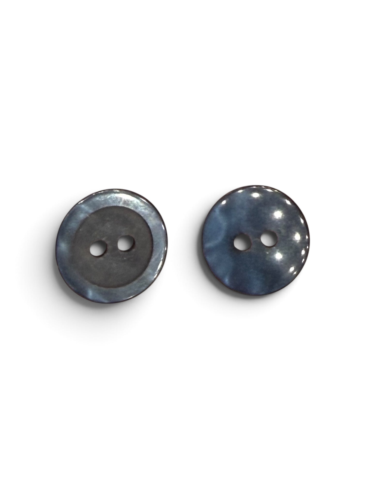 Two 14mm navy blue round sewing buttons with a two-hole design and iridescent finish.