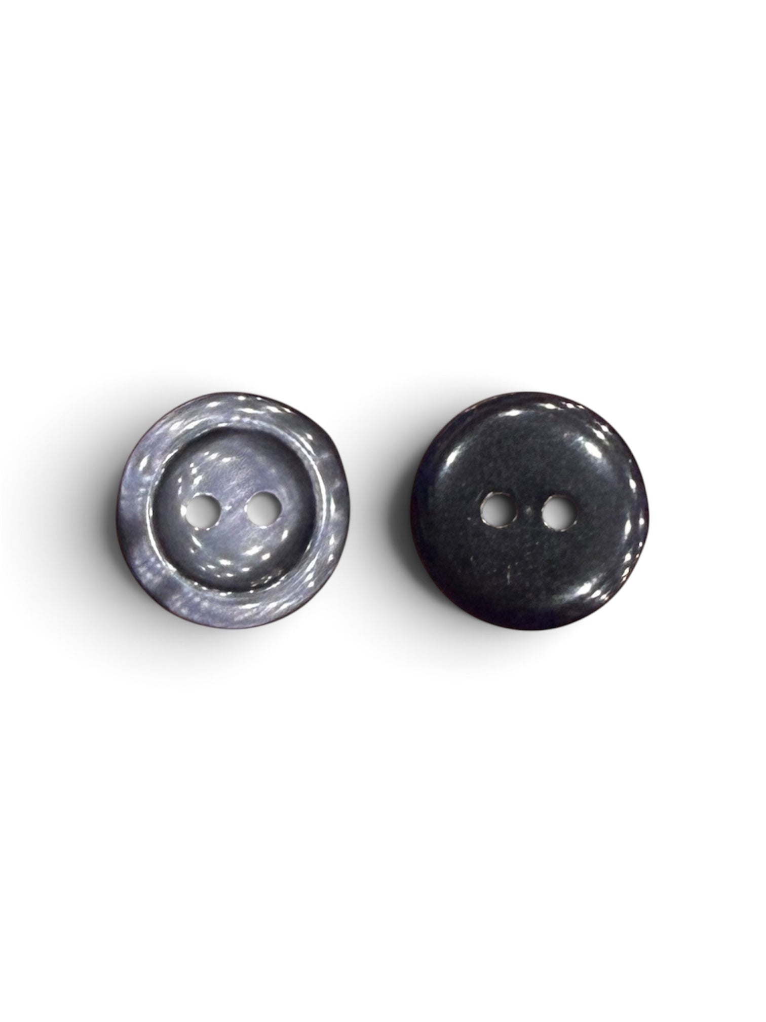 Two 16mm round purple resin buttons with a polished shiny finish and 2-hole design.