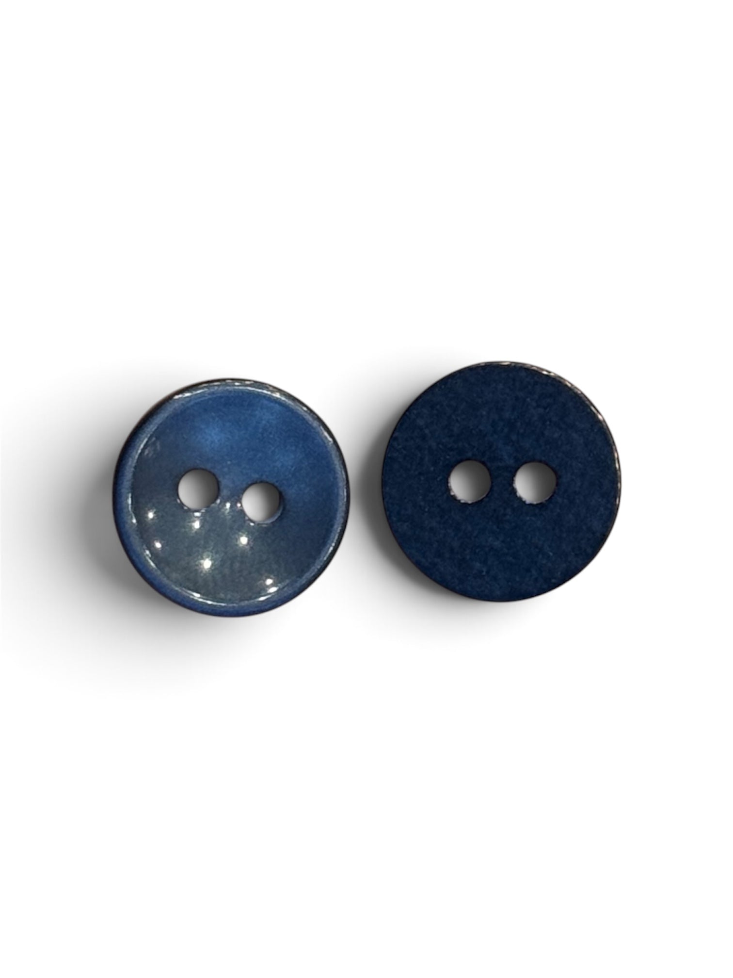 Two 11mm blue resin round buttons with a 2-hole design, showing front and back views.