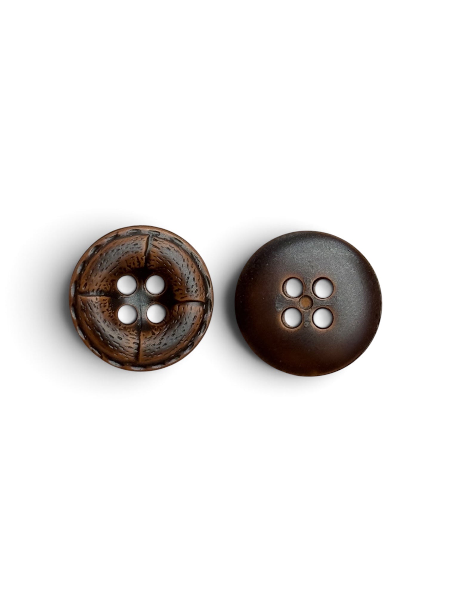 Two 15mm brown natural wood buttons with a 4-hole round design and textured finish.