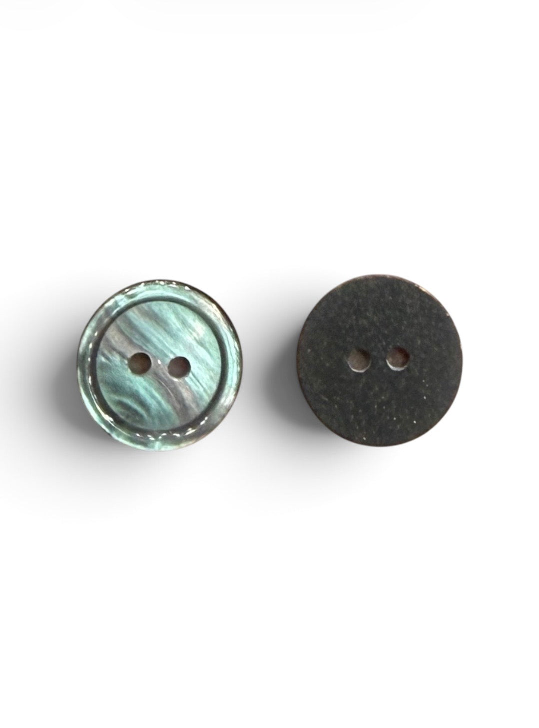 Two 16mm teal resin buttons, one showing a glossy marbled front and one showing a dark flat back.