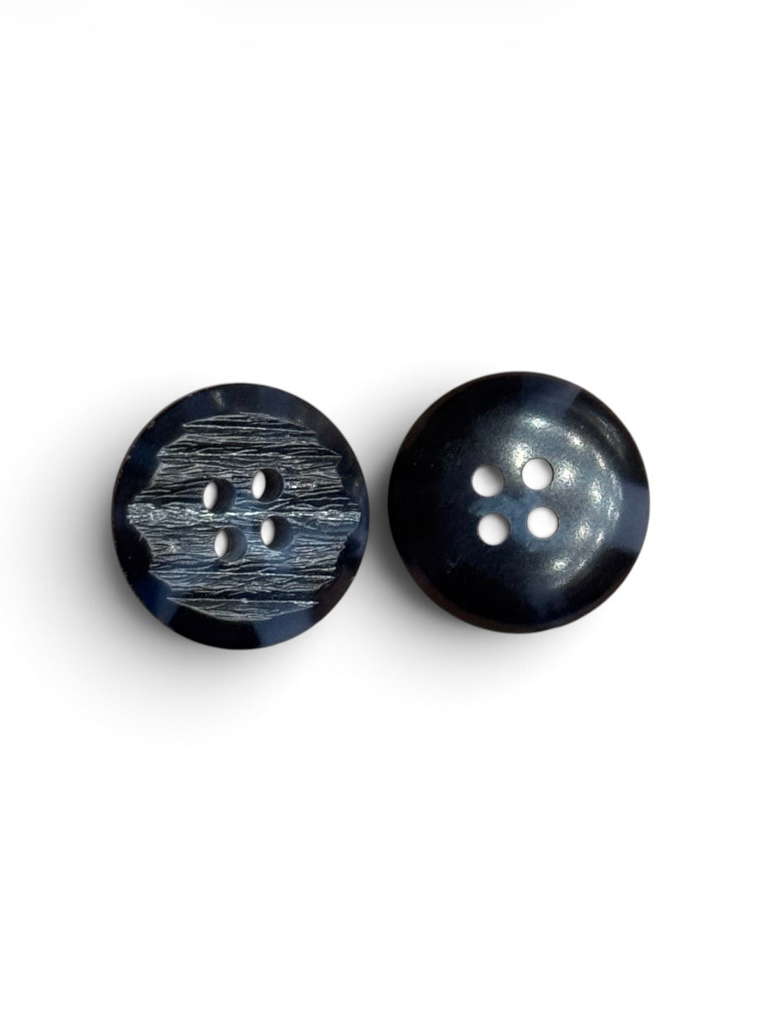 Two 20mm round resin buttons in blue and black two-tone finish with a 4-hole design.