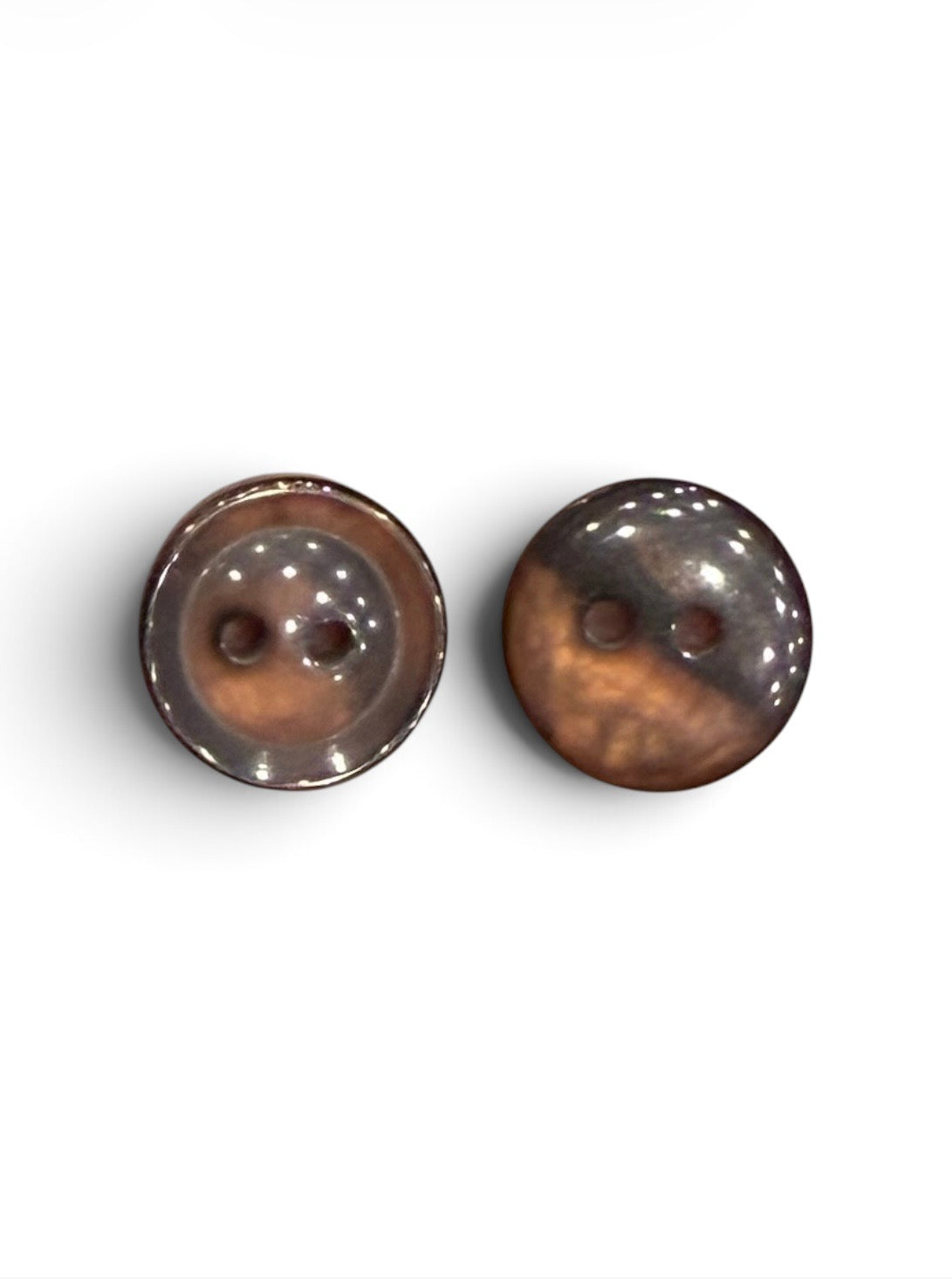 Two 13mm dark brown round 2-hole sewing buttons showing front and back views on a white background.