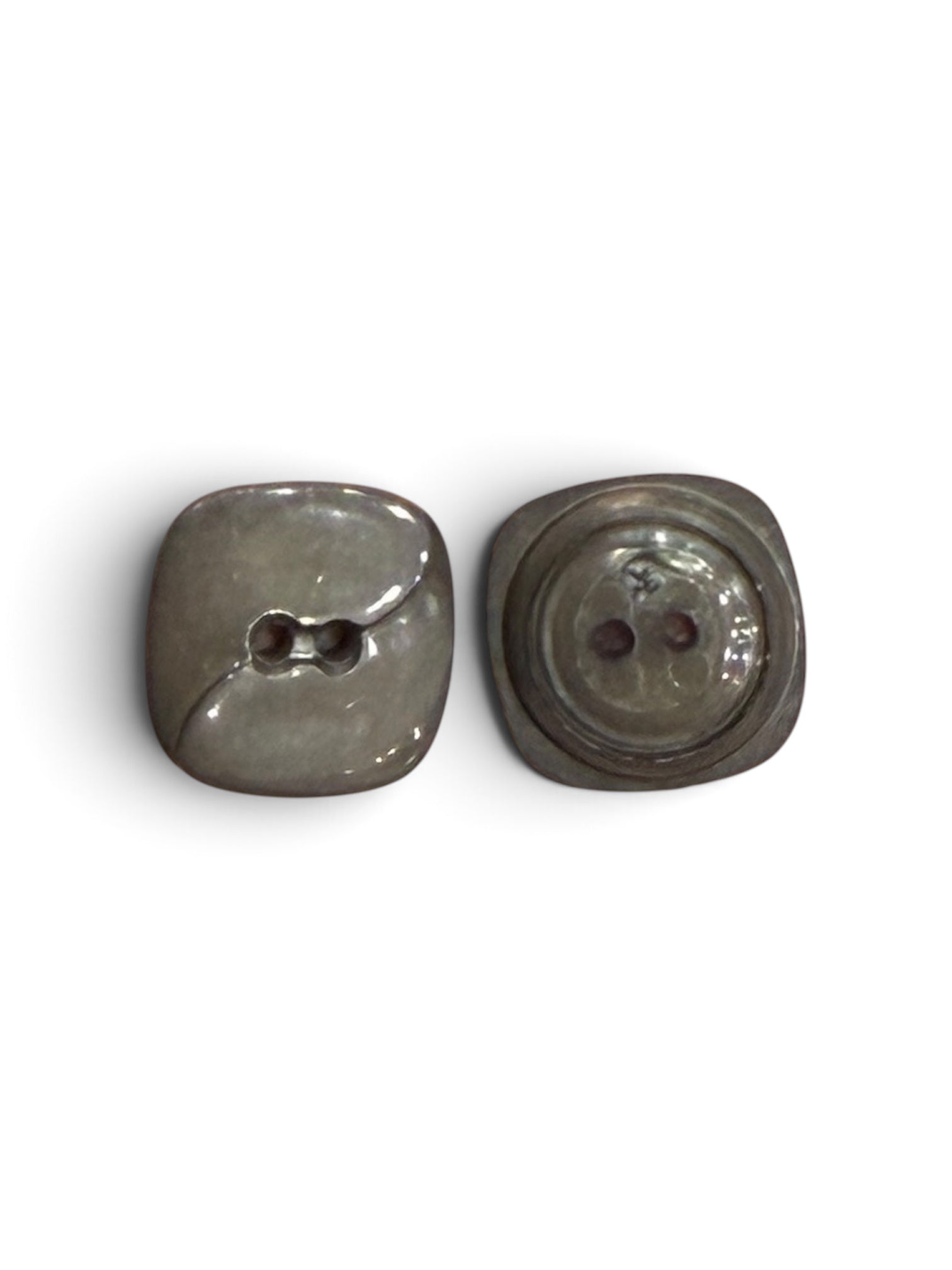 Front and back view of a 16mm grey 2-hole resin sewing button with a smooth, matte finish.