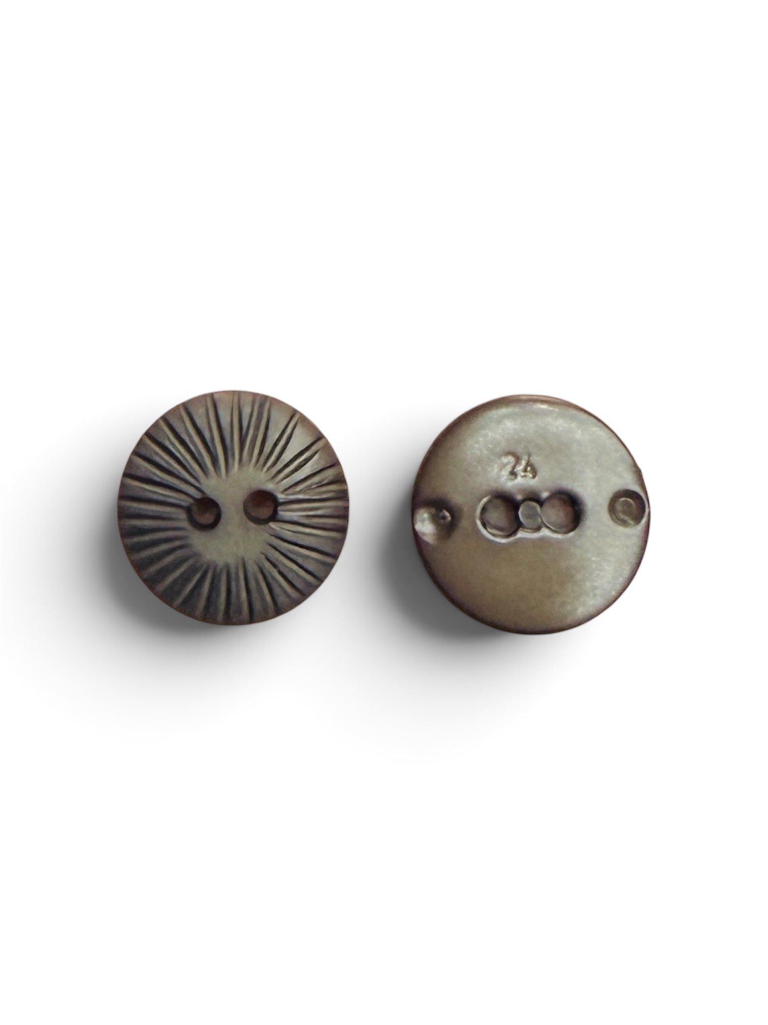 Front and back view of a 15mm dark brown round 2-hole button with a sunburst textured pattern.
