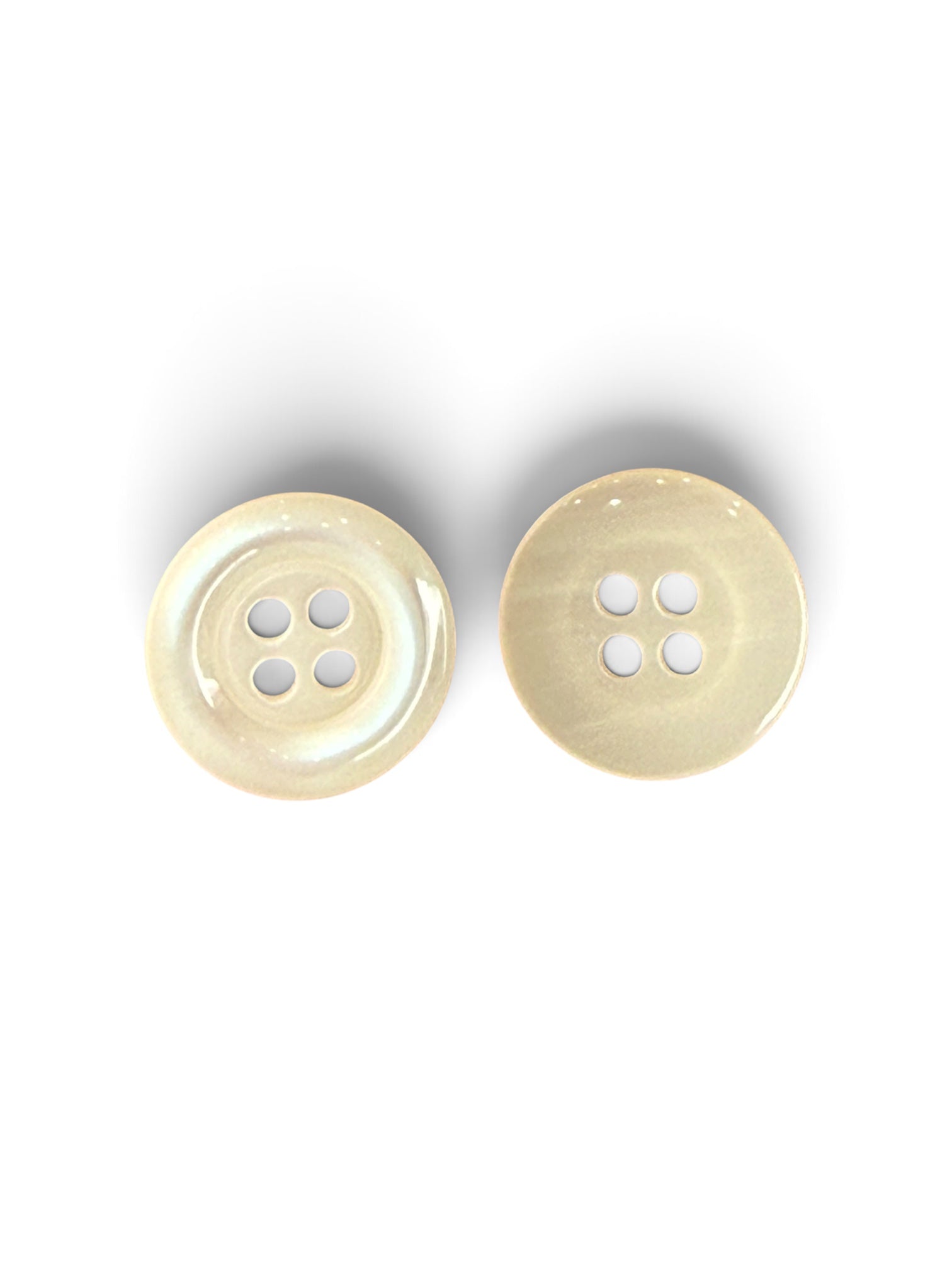 Two 15mm ivory resin round buttons with a polished finish and 4-hole design on a white background.