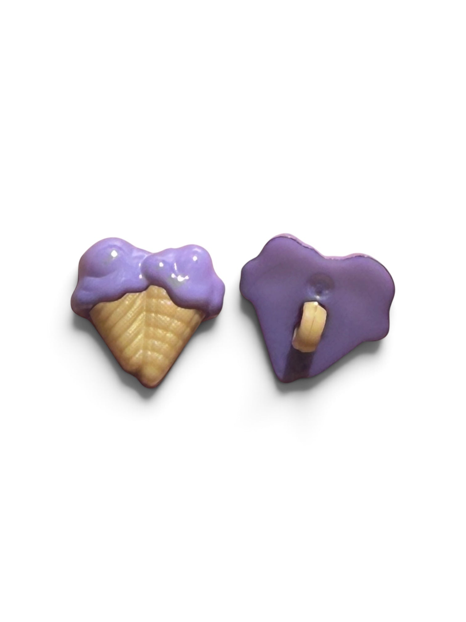 Front and back view of a 15mm purple ice-cream cone resin button with a shank fastener.