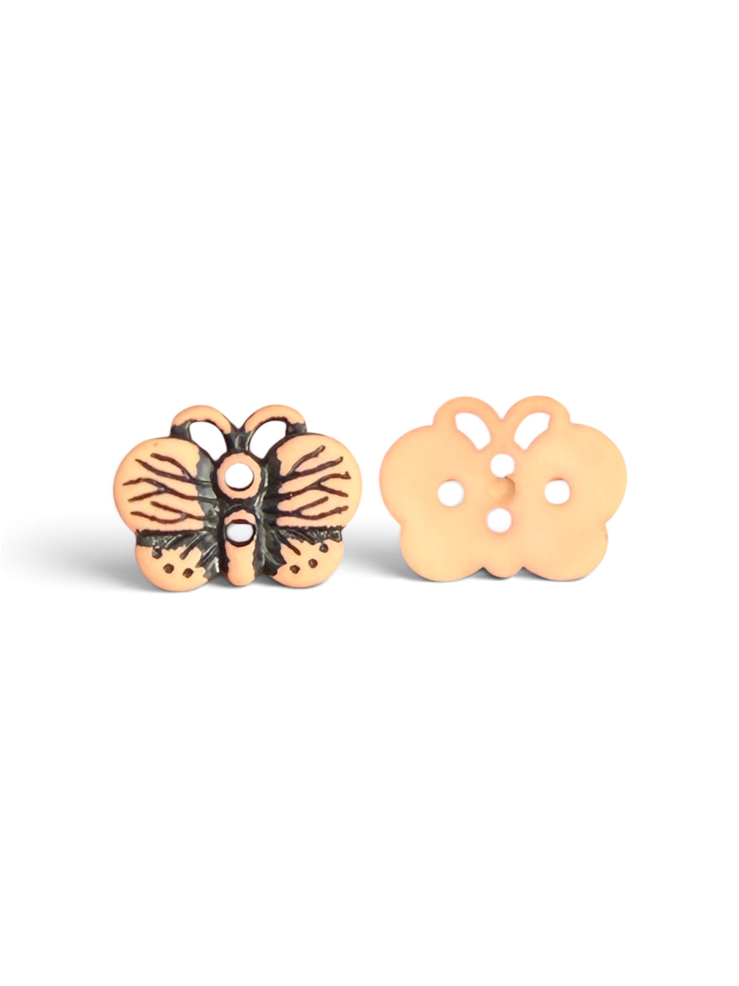 Front and back view of a peach-colored butterfly resin button with black wing details.