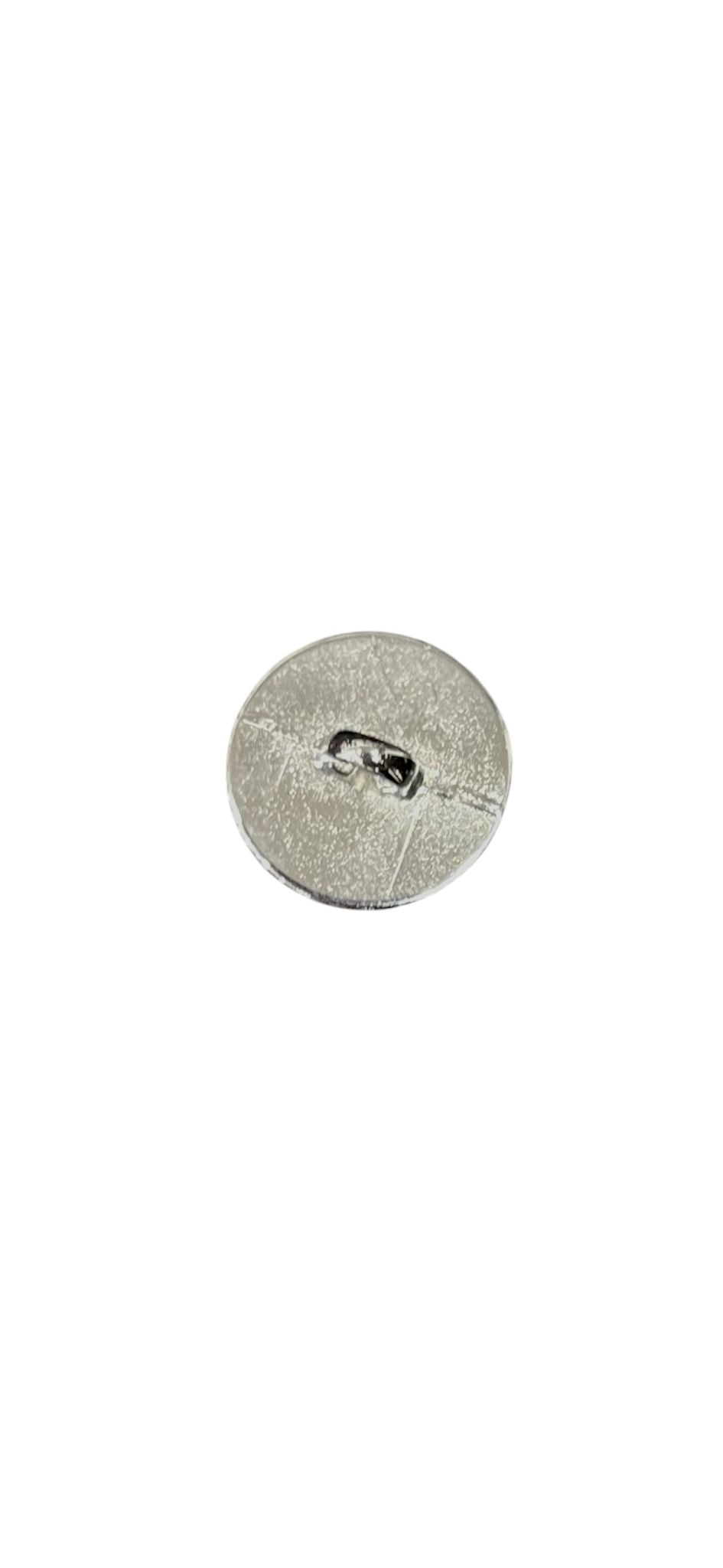 Silver metal shank button with a textured surface.