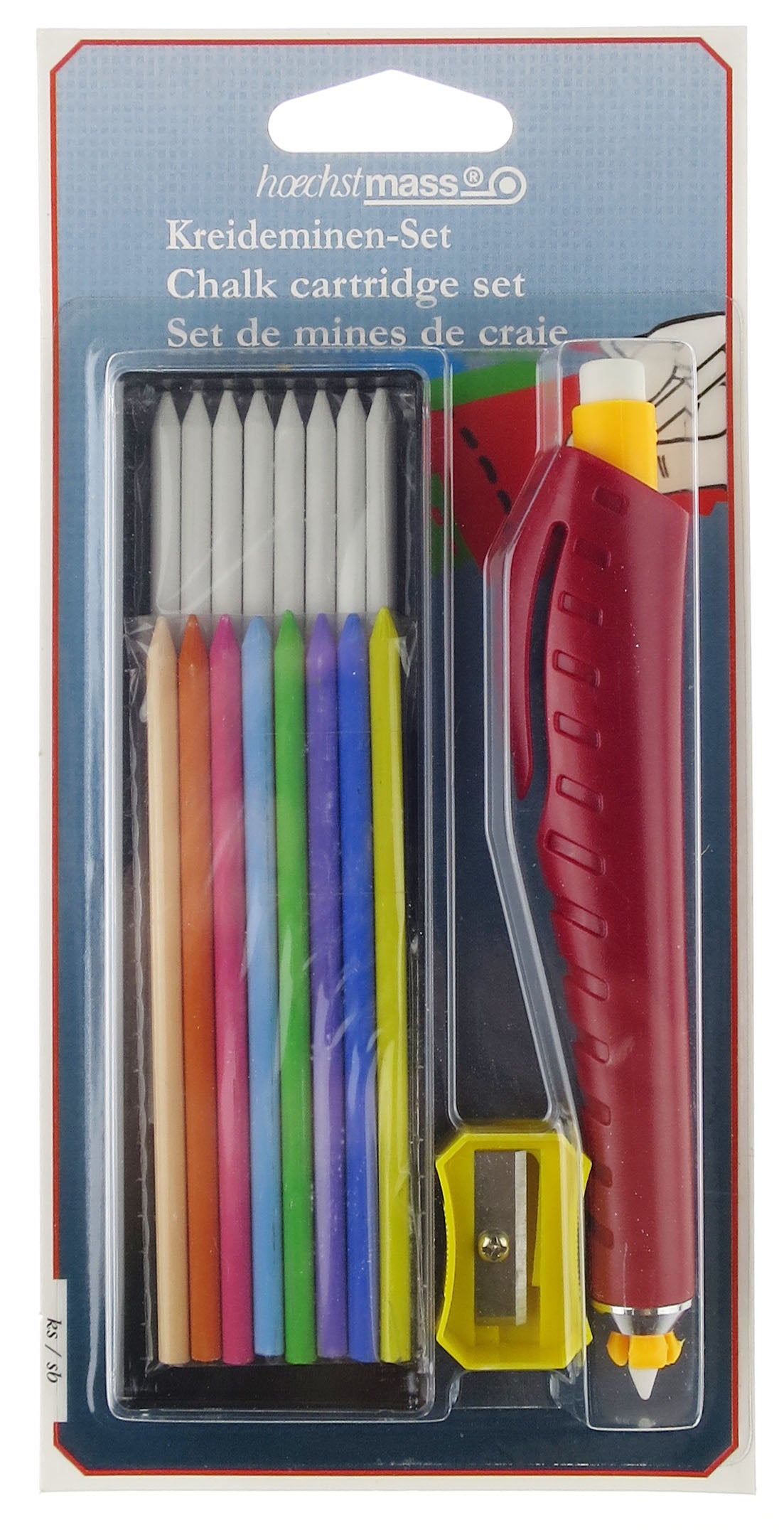 Hoechstmass chalk cartridge set with a red holder, sharpener, and 16 white and colored chalk sticks.