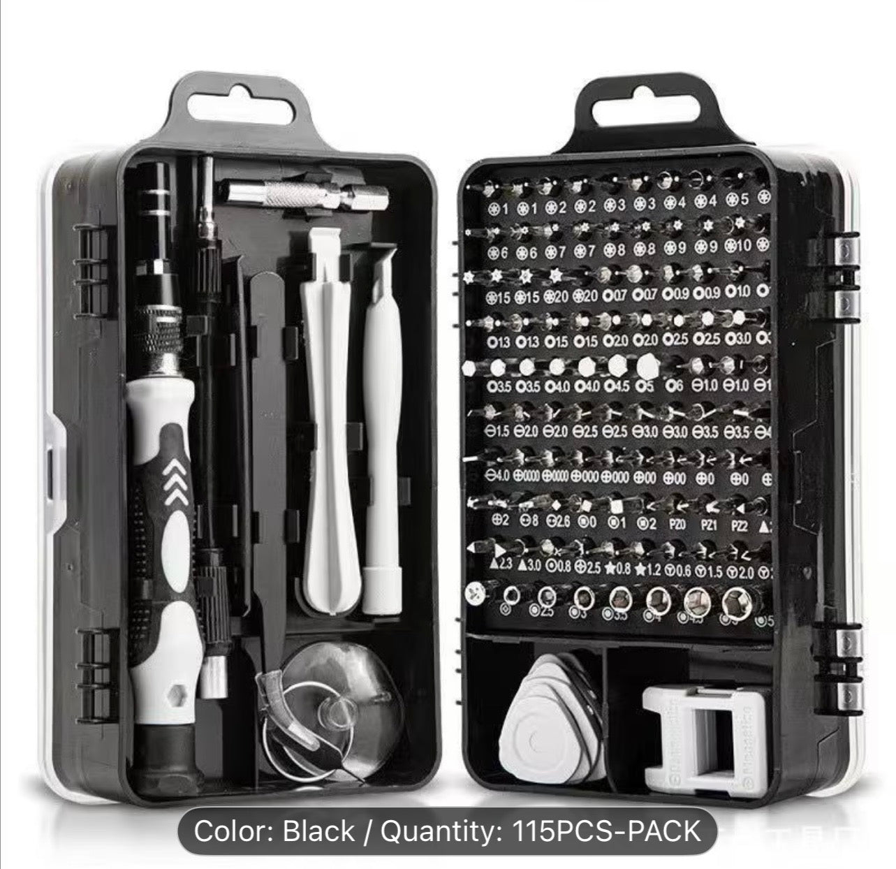 A black and white 115-in-1 precision screwdriver set in an open case.