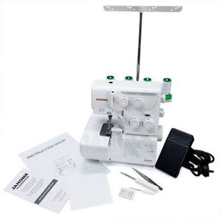 Janome 8004D Overlocker machine with foot pedal, instruction manual, and included accessories.