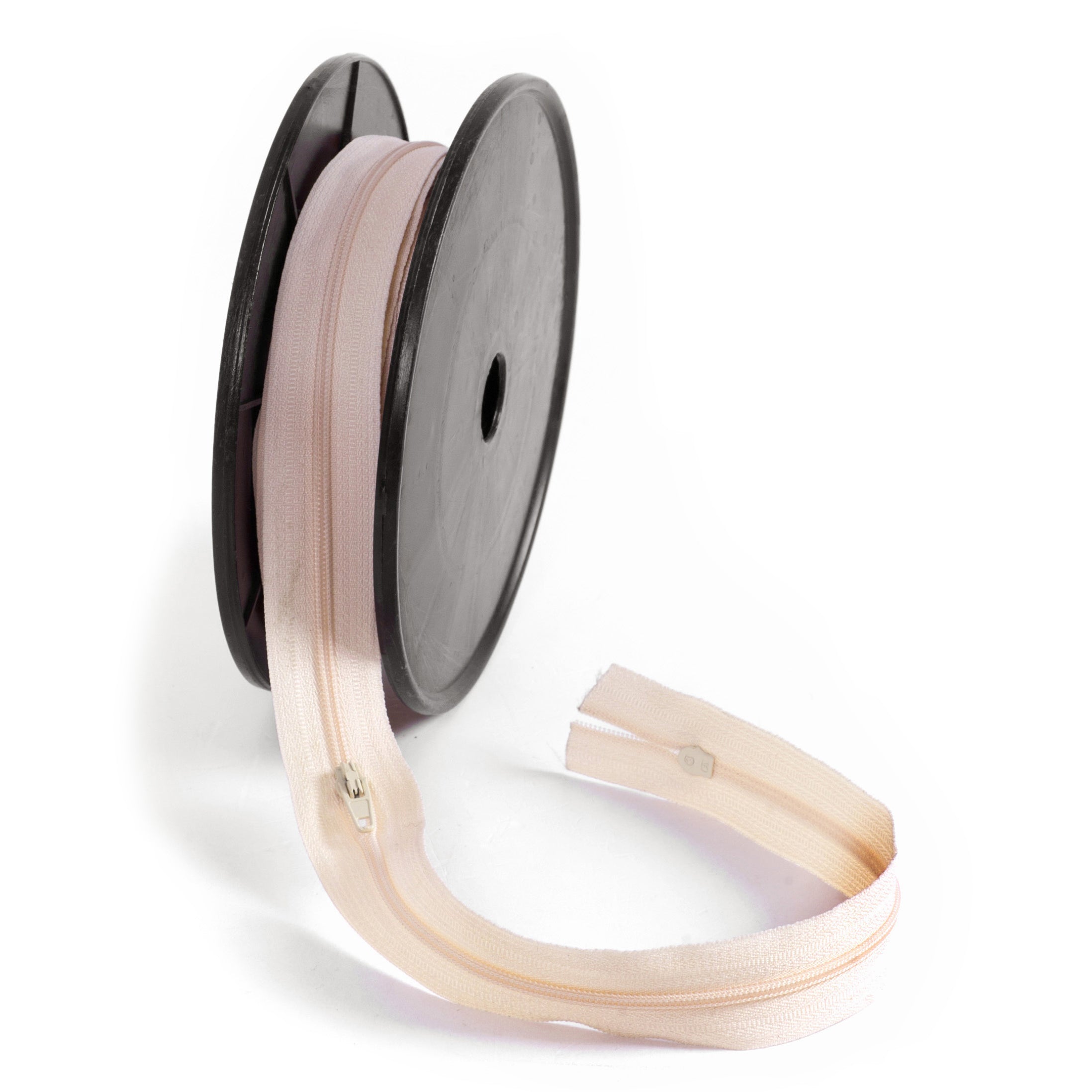 Lightweight cream nylon coil zip on a black spool with a mounted auto-lock slider.