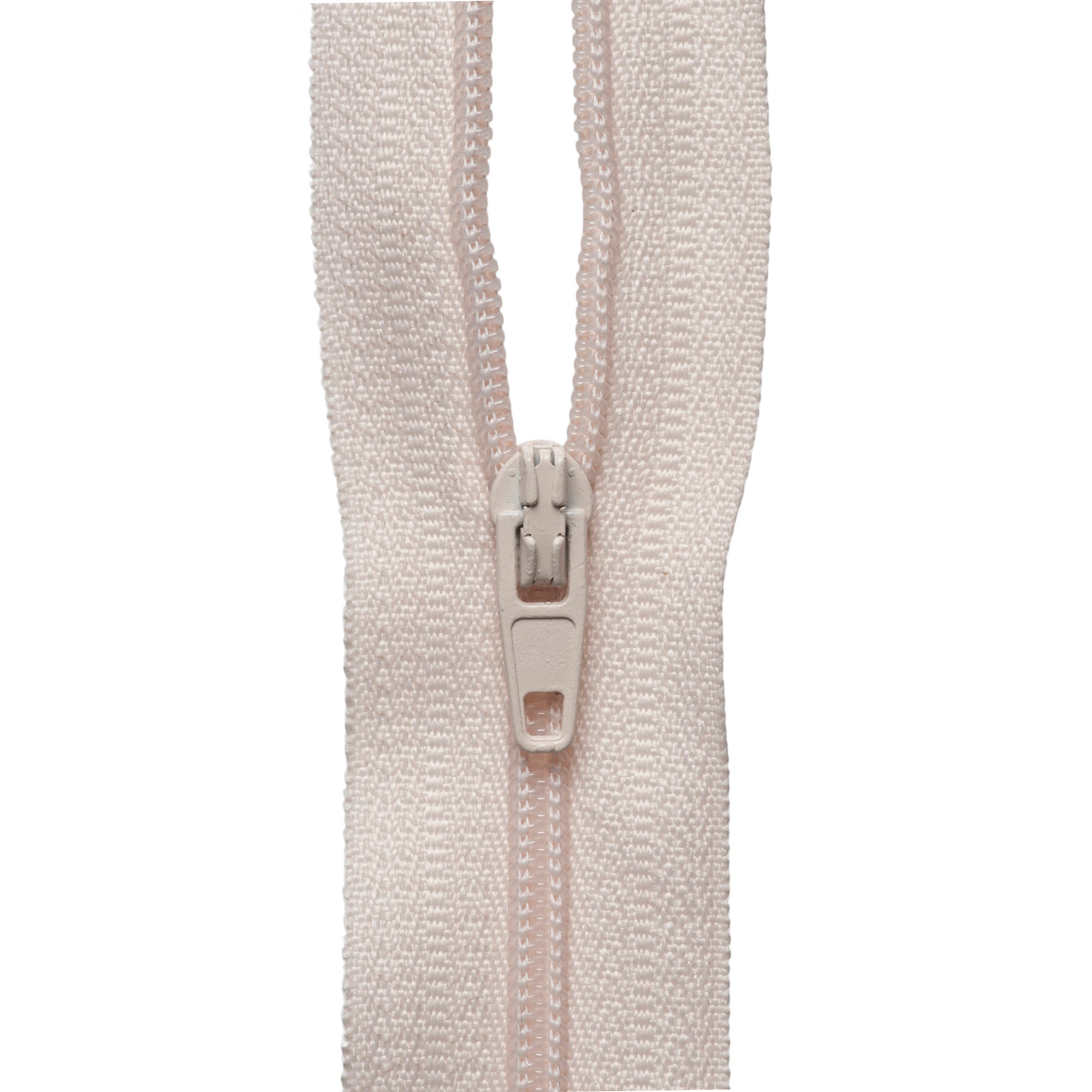 Light pink nylon coil zipper with a matching auto-lock slider on a white background.