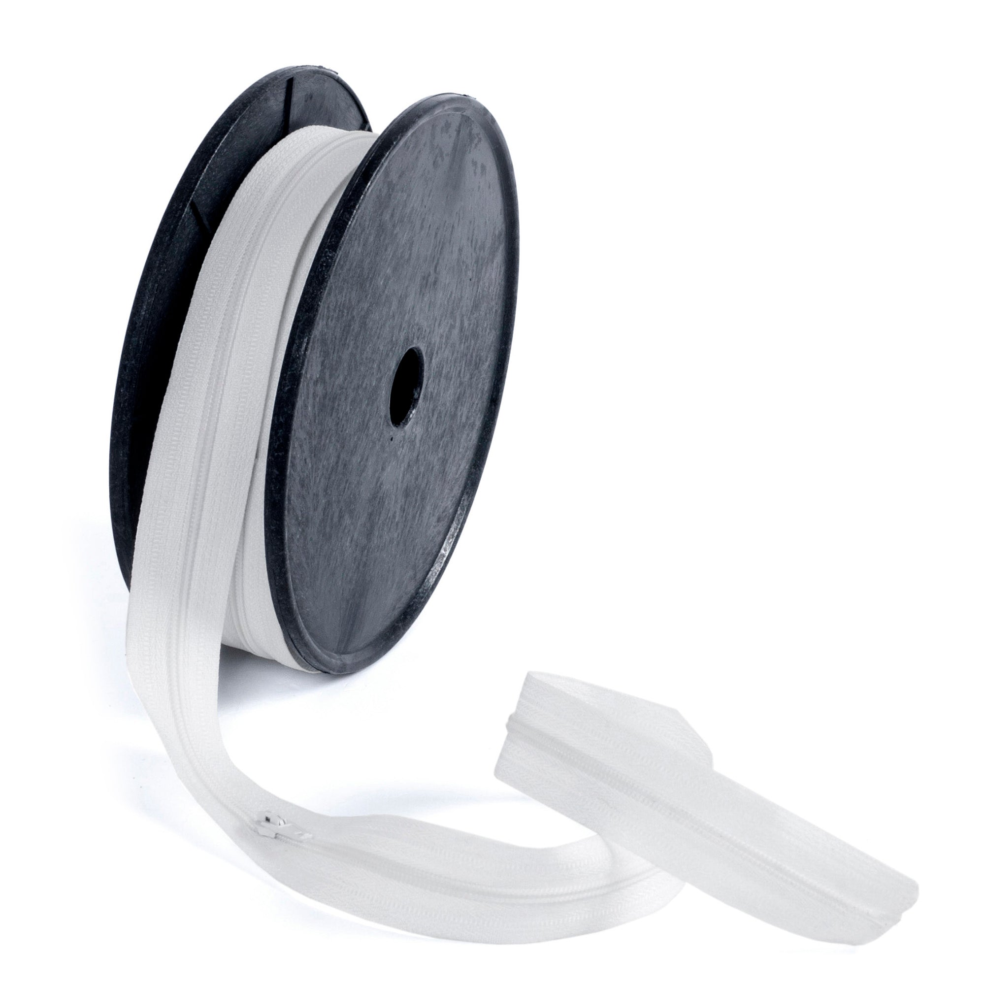 White endless nylon zip with auto-lock slider on a black spool for soft furnishings.