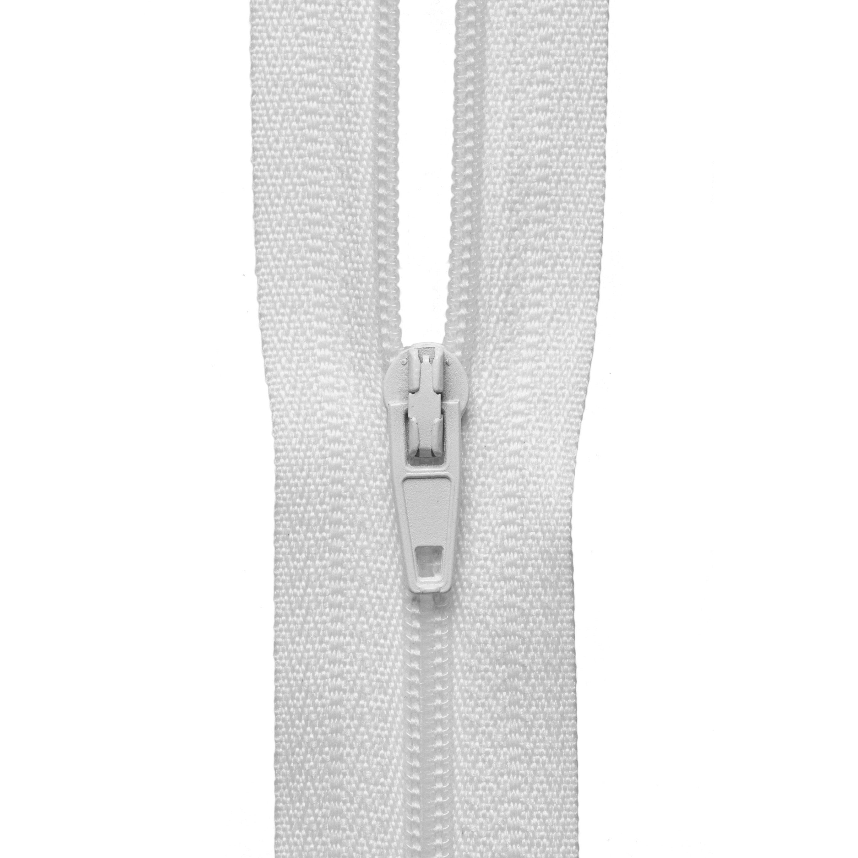 White lightweight nylon coil zip with polyester tape and mounted auto-lock slider.