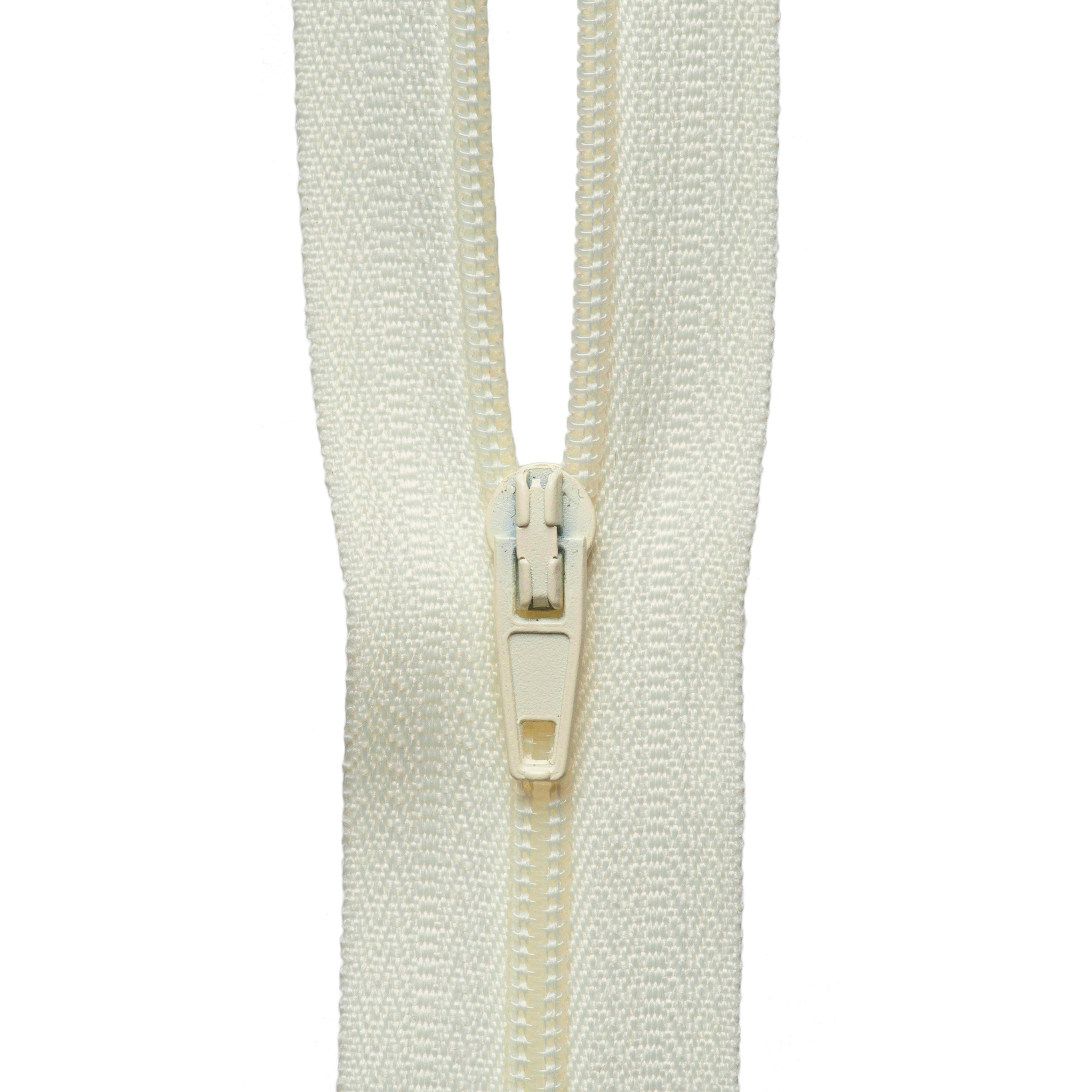 White nylon coil zipper with polyester tape and a mounted auto-lock slider on a white background.