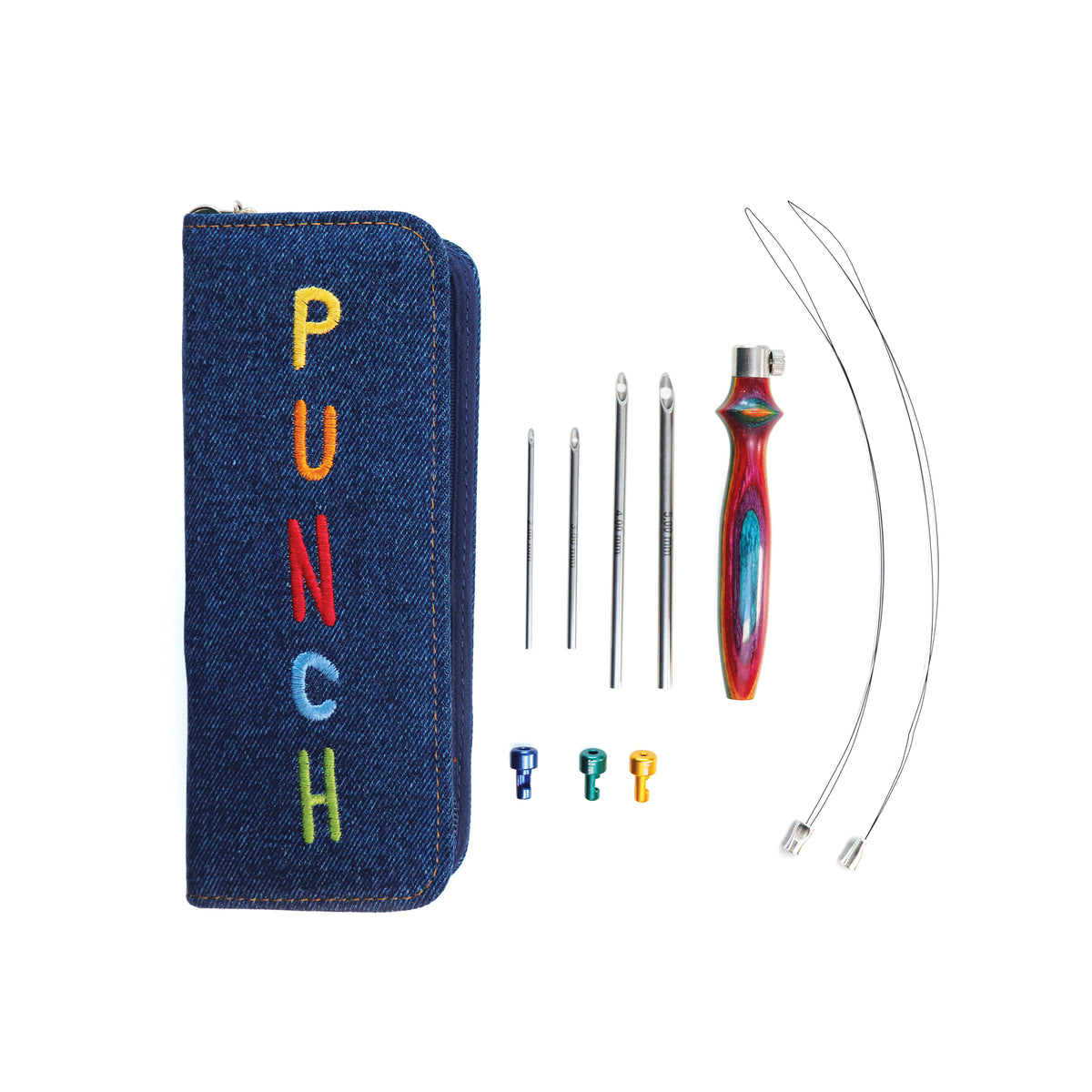 Knitpro adjustable punch needle set with denim case, wooden handle, 4 needles, and 2 threaders.