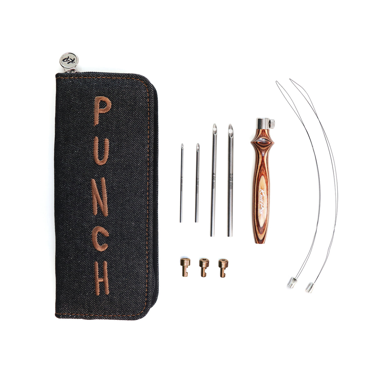 Knitpro adjustable punch needle set with wooden handle, 4 needles, 3 attachments, and denim case.