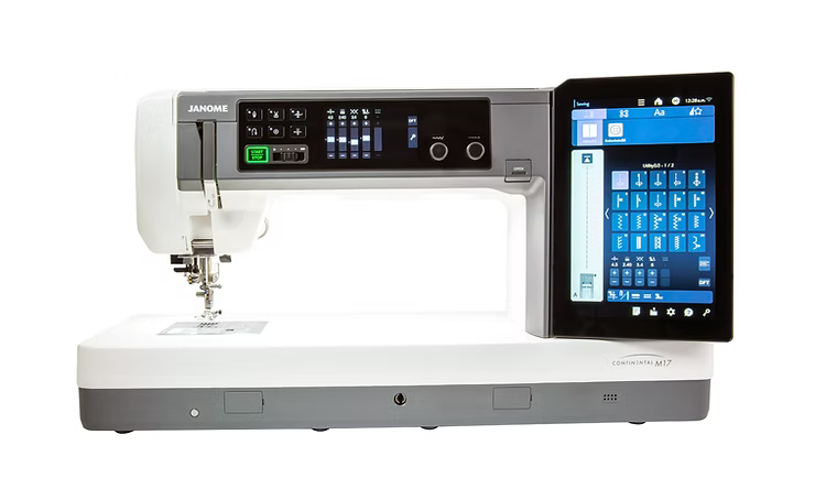 Janome Continental M17 sewing machine with a large touchscreen display.