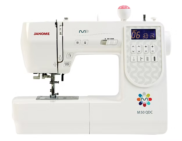 Janome M50QDC computerized sewing machine with digital display and controls.