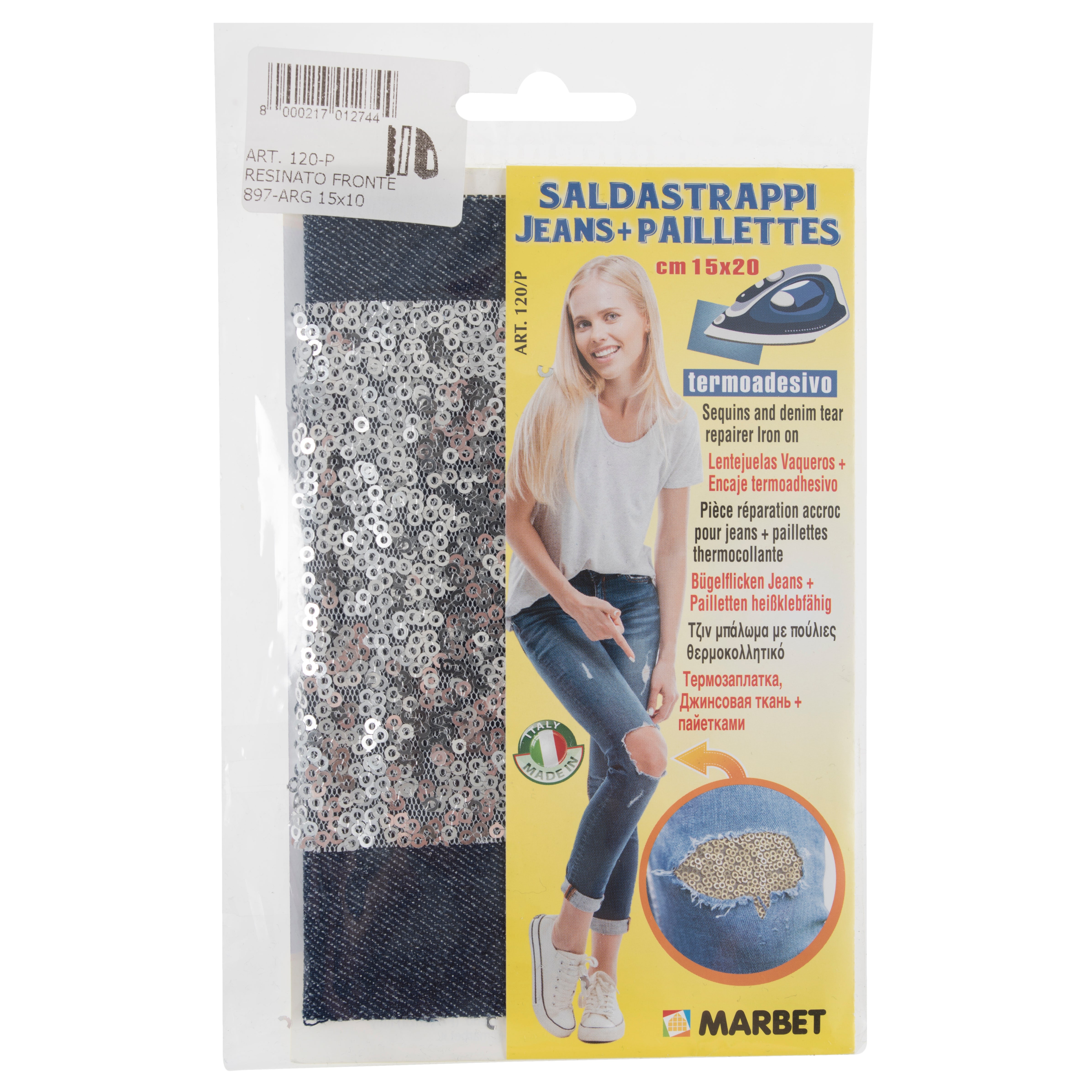 Marbet Denim Iron-On Patch – Blue & Silver Sequins 20x15cm