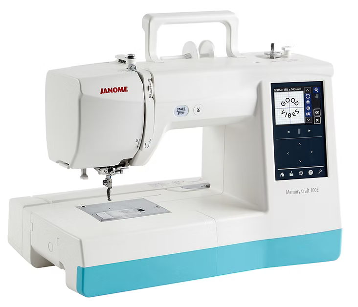 Janome MC100E computerized embroidery machine with a color LCD screen.